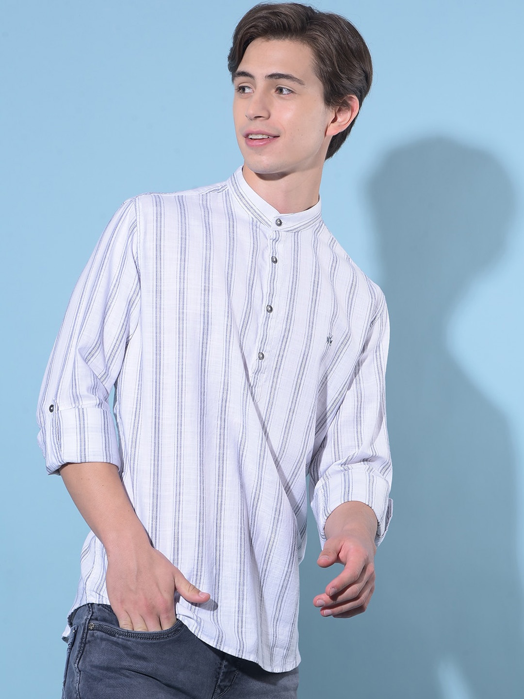 Crimsoune Club Striped Mandarin Collar Long Roll Up Sleeves Cotton Short Kurta, White
Crimsoune Club Striped Mandarin Collar Long Roll Up Sleeves Cotton Short Kurta, White