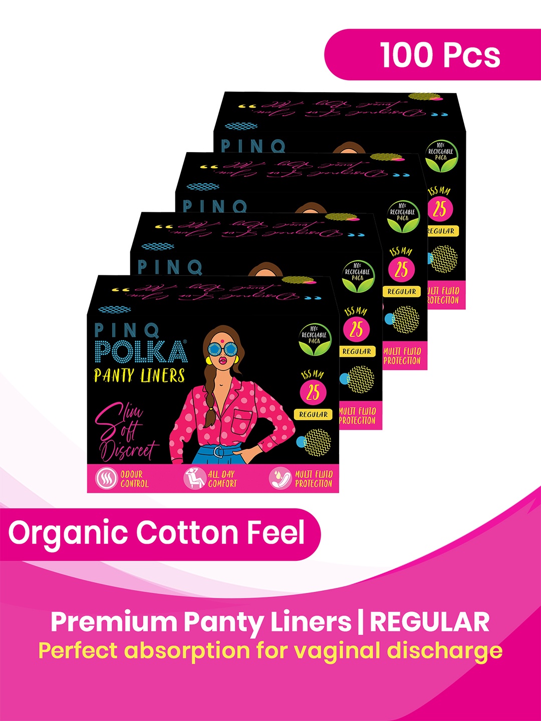 PINQ Set of 4 Polka Regular Premium Ultra Thin Cotton Feel Panty Liners - 25-Pcs Each, Black
PINQ Set of 4 Polka Regular Premium Ultra Thin Cotton Feel Panty Liners - 25-Pcs Each, Black