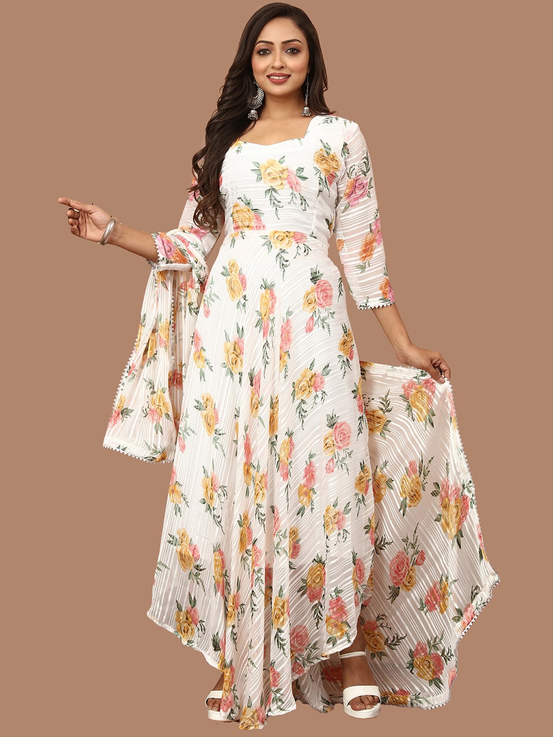 N N ENTERPRISE Floral Printed Georgette Anarkali Maxi Ethnic Dress With Dupatta, White
N N ENTERPRISE Floral Printed Georgette Anarkali Maxi Ethnic Dress With Dupatta, White