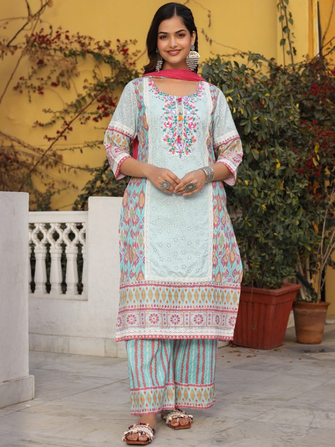 Juniper Self Design Floral Printed Thread Work Straight Kurta With Palazzos & Dupatta, Blue
Juniper Self Design Floral Printed Thread Work Straight Kurta With Palazzos & Dupatta, Blue