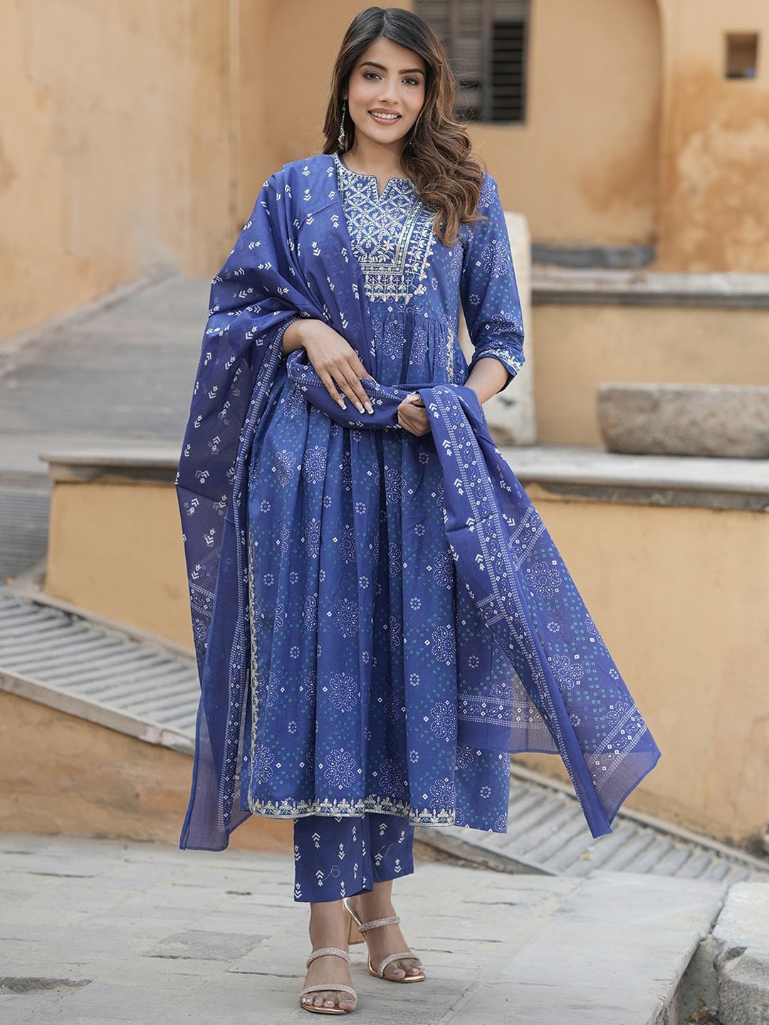 KALINI Notch Neck Bandhani Embroidered Regular Thread Work Pure Cotton Kurta Set, Blue
KALINI Notch Neck Bandhani Embroidered Regular Thread Work Pure Cotton Kurta Set, Blue