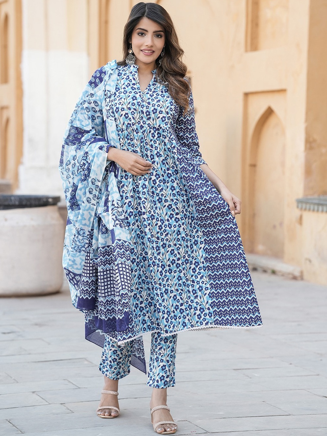 KALINI Mandarin Collar Floral Printed Cotton Anarkali Kurta with Trouser & Dupatta, Blue
KALINI Mandarin Collar Floral Printed Cotton Anarkali Kurta with Trouser & Dupatta, Blue
