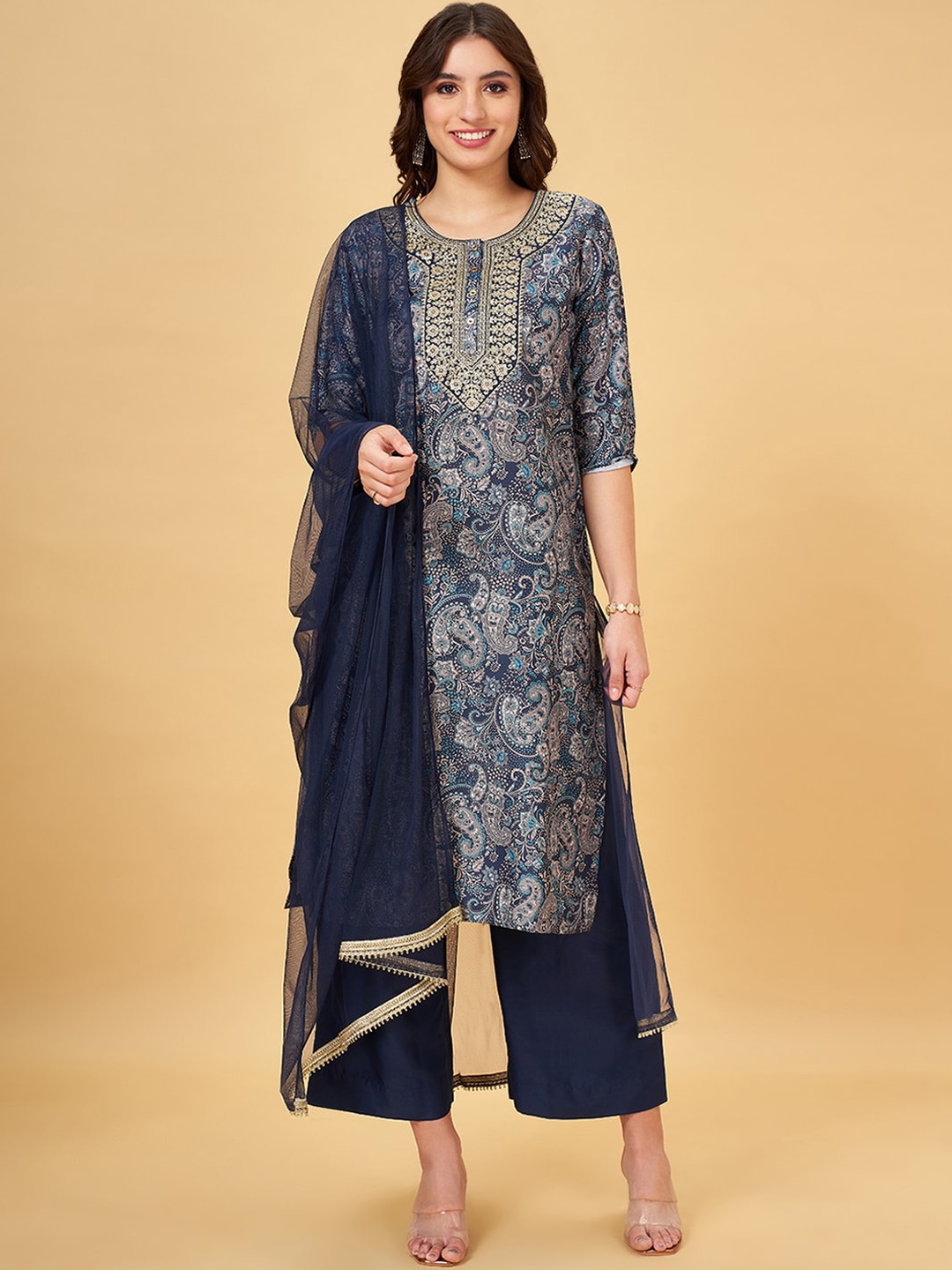 RANGMANCH BY PANTALOONS Paisley Printed Straight Kurta with Trousers & With Dupatta, Navy blue
RANGMANCH BY PANTALOONS Paisley Printed Straight Kurta with Trousers & With Dupatta, Navy blue