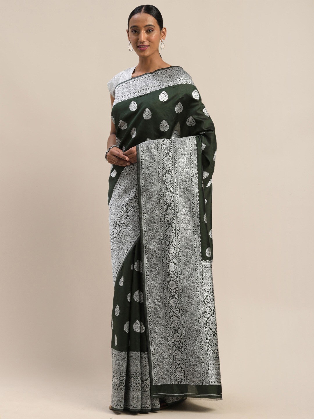 Mitera Ethnic Motifs Woven Design Zari Saree, Green