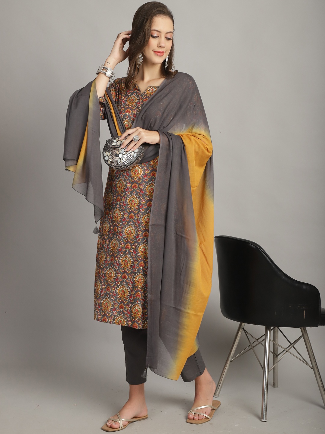 Roly Poly Ethnic Motifs Printed Sequinned Pure Cotton Kurta with Trousers & Dupatta, Grey
Roly Poly Ethnic Motifs Printed Sequinned Pure Cotton Kurta with Trousers & Dupatta, Grey