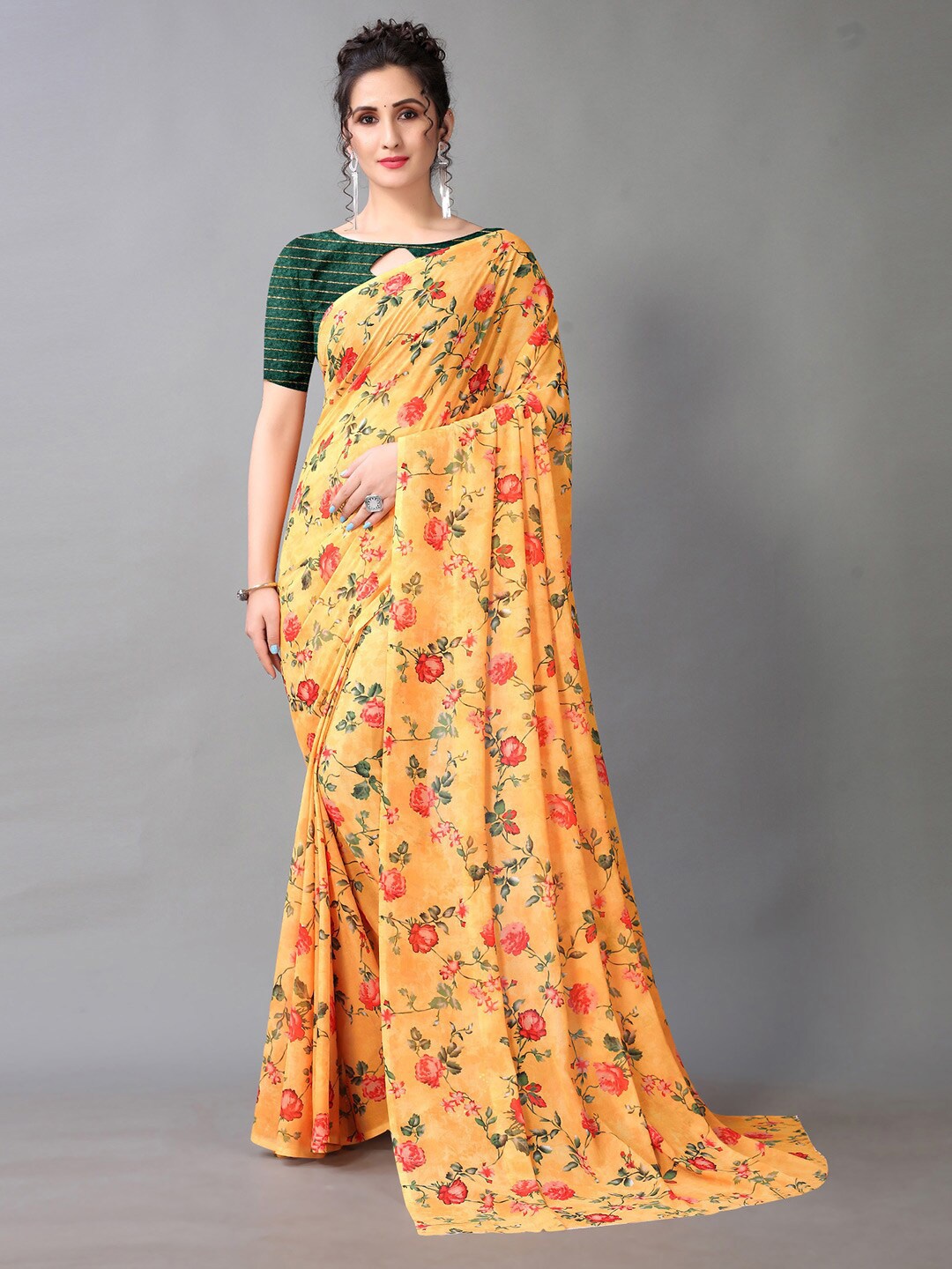 Mitera Yellow Floral Printed Saree