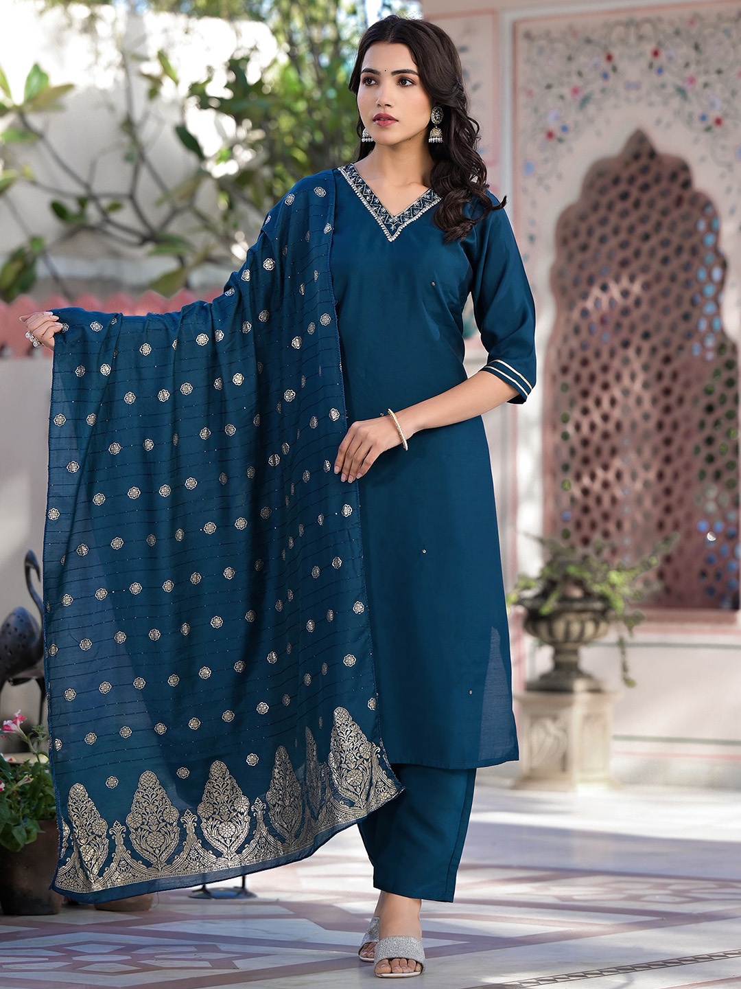 Peachmode V Neck Floral Embroidered Beads and Stones Silk Kurta with Trouser & Dupatta, Blue
Peachmode V Neck Floral Embroidered Beads and Stones Silk Kurta with Trouser & Dupatta, Blue