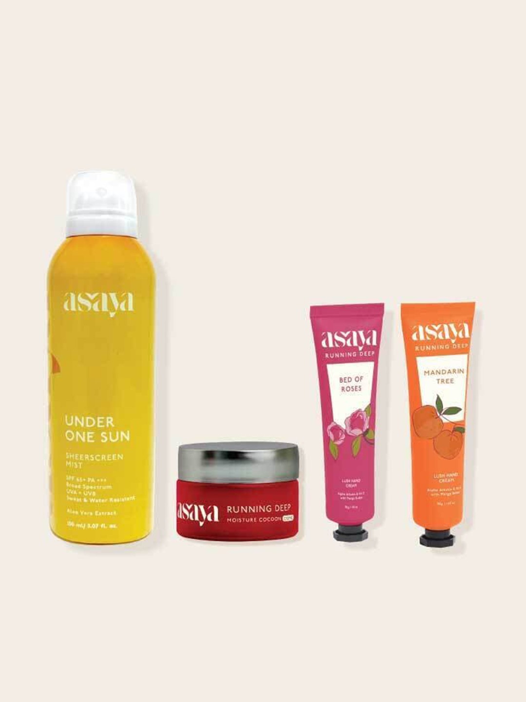 Asaya Running Deep Moisture Cocoon-Lush Hand Cream & Under On Sun Sheerscreen Mist, Yellow
Asaya Running Deep Moisture Cocoon-Lush Hand Cream & Under On Sun Sheerscreen Mist, Yellow