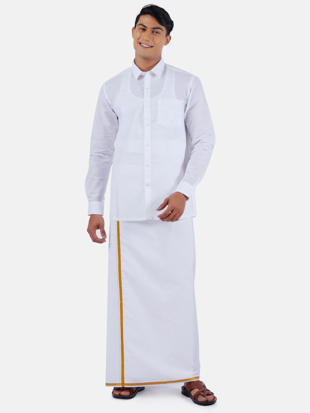 Ramraj Long Sleeves Pure Cotton Shirt With Golden Jari Dhoti, White 
Ramraj Long Sleeves Pure Cotton Shirt With Golden Jari Dhoti, White