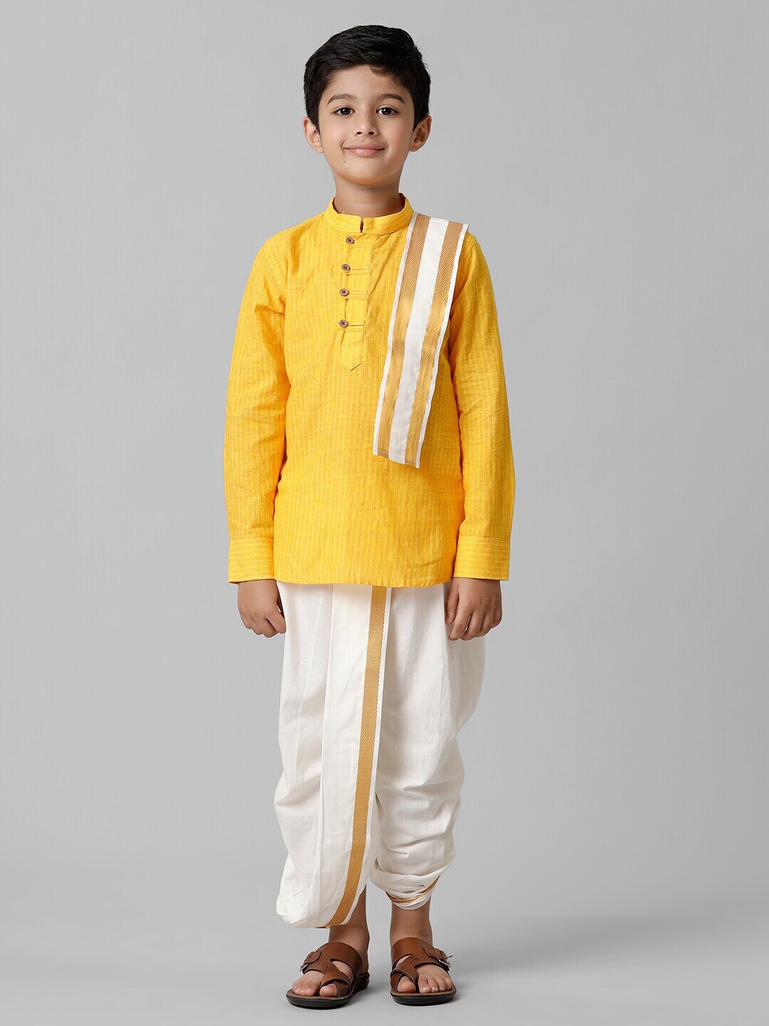 Ramraj Boys Breeze Cotton Kurta with Cream Elastic Panchakacham Dhoti with Towel Set, Yellow
Ramraj Boys Breeze Cotton Kurta with Cream Elastic Panchakacham Dhoti with Towel Set, Yellow