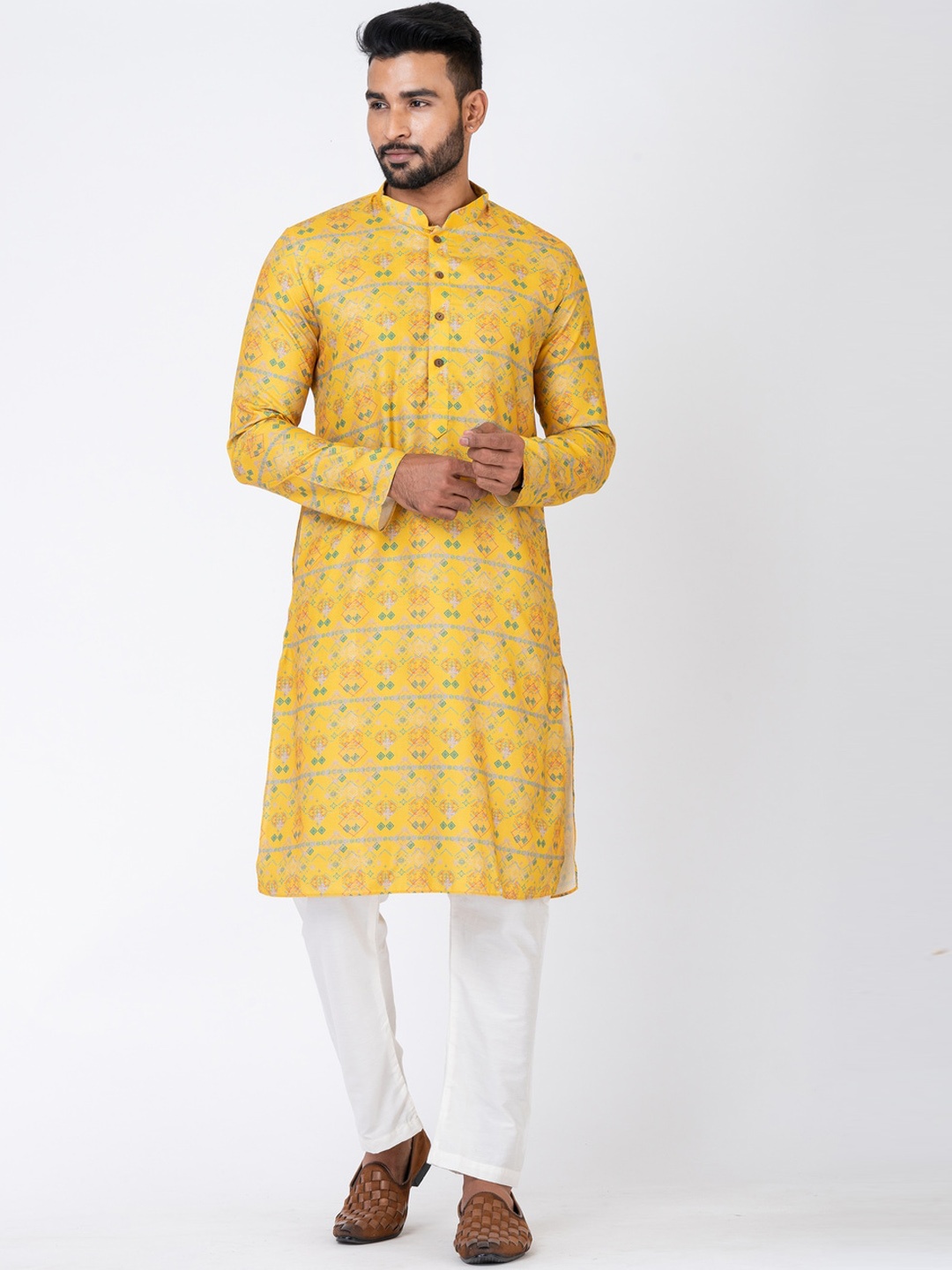 HU - Handcrafted Uniquely Geometric Printed Mandarin Collar Pure Cotton Straight Kurta, Yellow
HU - Handcrafted Uniquely Geometric Printed Mandarin Collar Pure Cotton Straight Kurta, Yellow