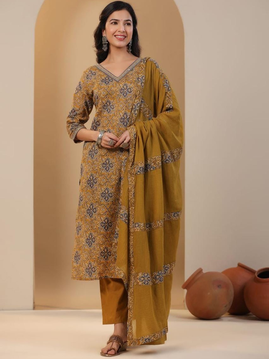 INDYES Ethnic Motifs Printed Sequinned Pure Cotton Straight Kurta with Trousers & Dupatta, Yellow
INDYES Ethnic Motifs Printed Sequinned Pure Cotton Straight Kurta with Trousers & Dupatta, Yellow