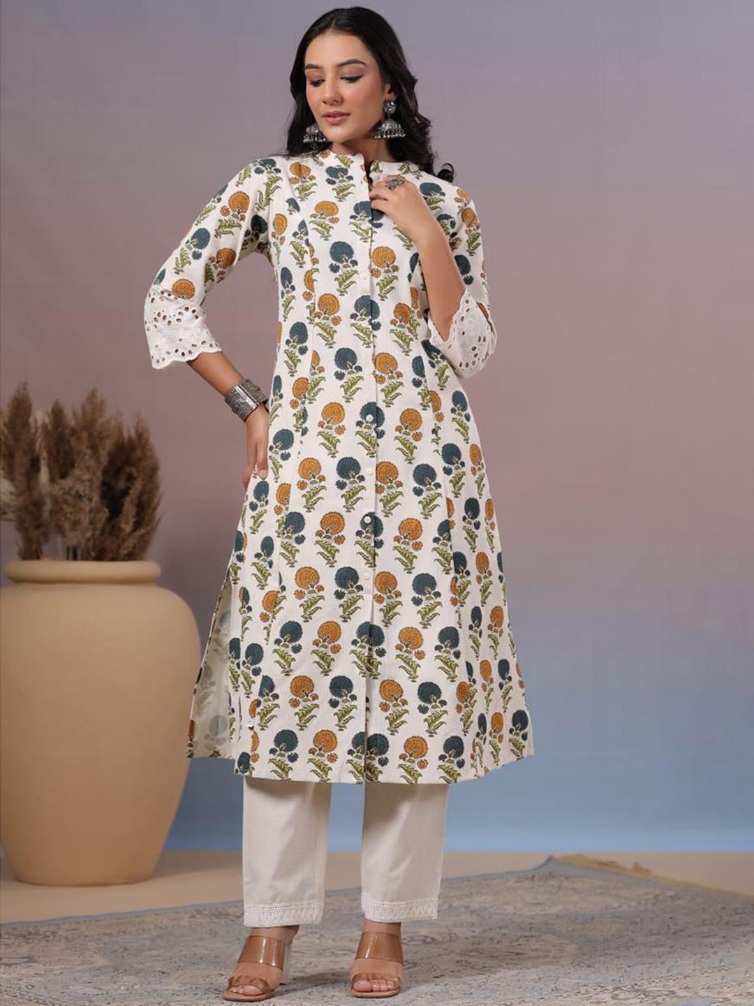 KALINI Ethnic Motifs Printed Flared Sleeves Pure Cotton Mandarin Collar Anarkali Kurta, White
KALINI Ethnic Motifs Printed Flared Sleeves Pure Cotton Mandarin Collar Anarkali Kurta, White