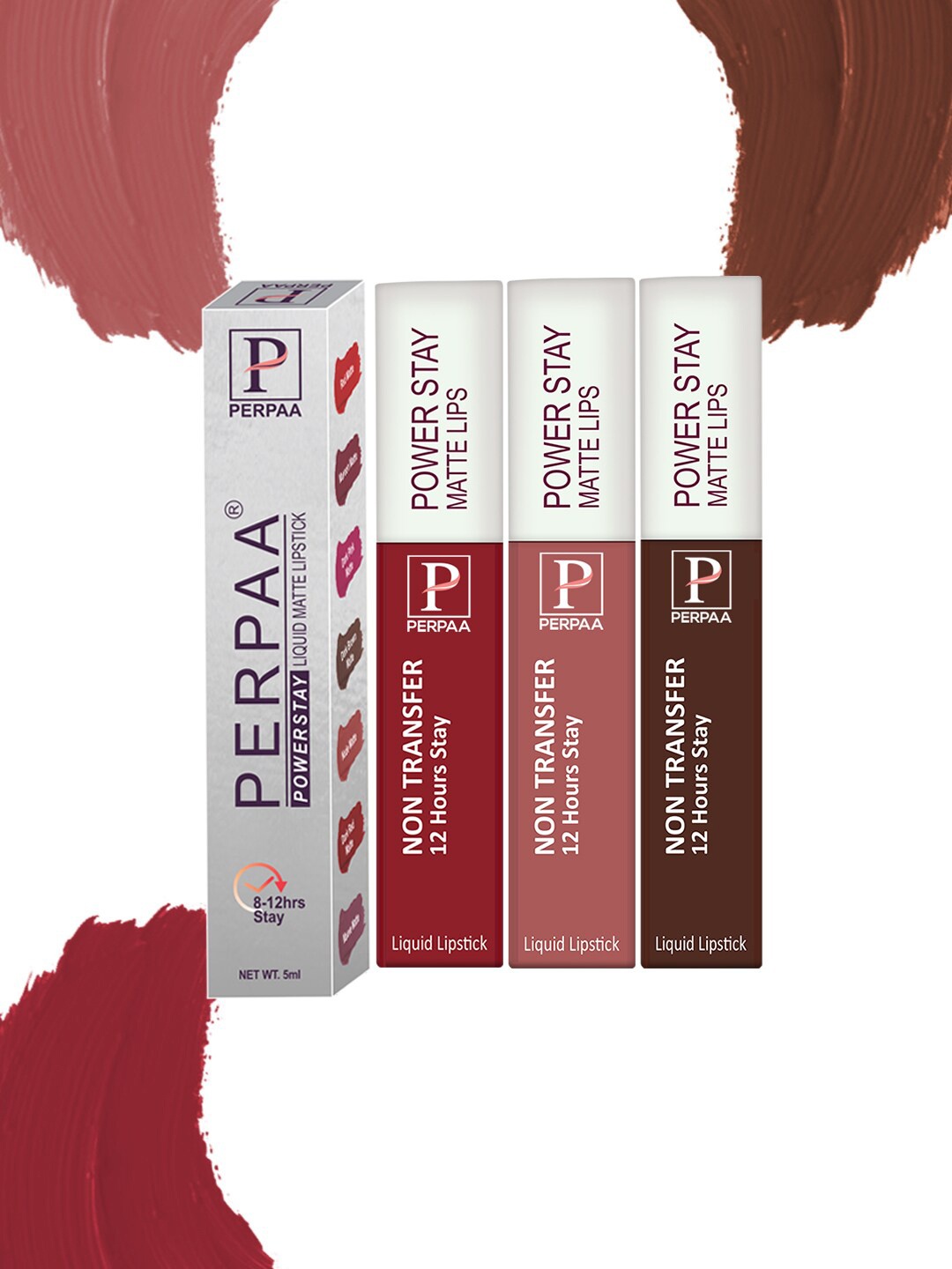 

PERPAA Power Stay Set Of 3 Liquid Matte Lipstick -5ml Each -Brown-Nude-Apple Red, Multi