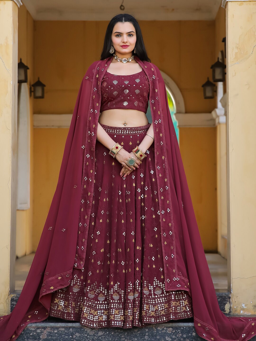 KALINI Embroidered Sequinned Semi-Stitched Lehenga & Unstitched Blouse With Dupatta, Maroon
KALINI Embroidered Sequinned Semi-Stitched Lehenga & Unstitched Blouse With Dupatta, Maroon