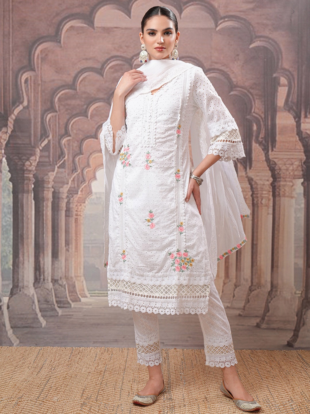 Vishudh Embroidered Regular Thread Work Pure Cotton Kurta with Trouser & Dupatta, White
Vishudh Embroidered Regular Thread Work Pure Cotton Kurta with Trouser & Dupatta, White
