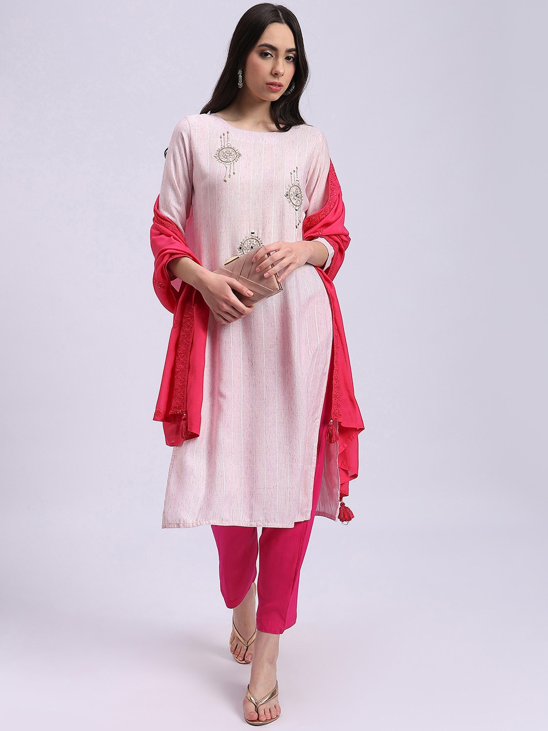 Knitstudio Striped Beads & Stones Embellished Straight Kurta With Trousers & Dupatta, Pink
Knitstudio Striped Beads & Stones Embellished Straight Kurta With Trousers & Dupatta, Pink