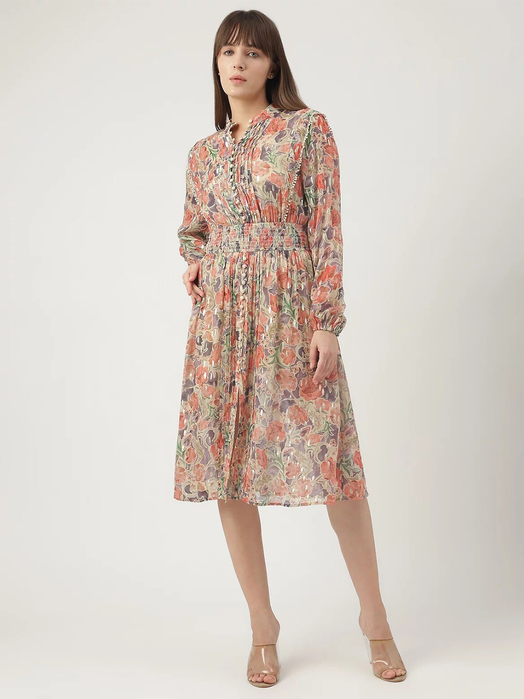 Marks & Spencer Floral Print Puff Sleeve Mandarin Collar Fit & Flare Midi Dress, Beige
Marks & Spencer Floral Print Puff Sleeve Mandarin Collar Fit & Flare Midi Dress, Beige