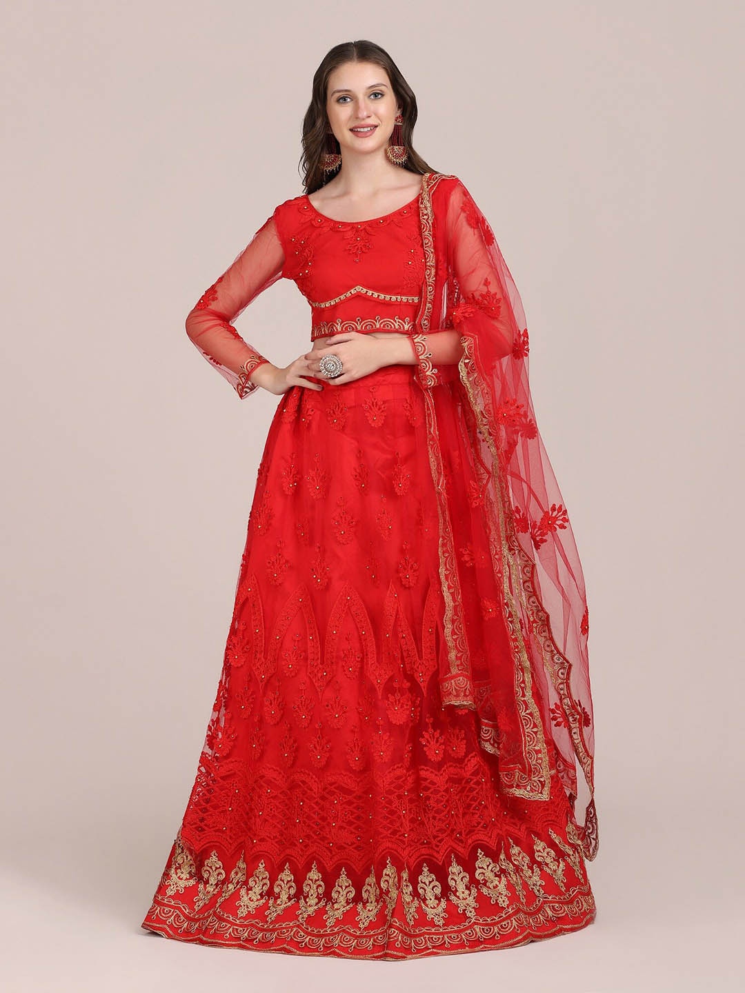 KALINI Embroidered Thread Work Semi-Stitched Lehenga & Unstitched Blouse With Dupatta, Red
KALINI Embroidered Thread Work Semi-Stitched Lehenga & Unstitched Blouse With Dupatta, Red