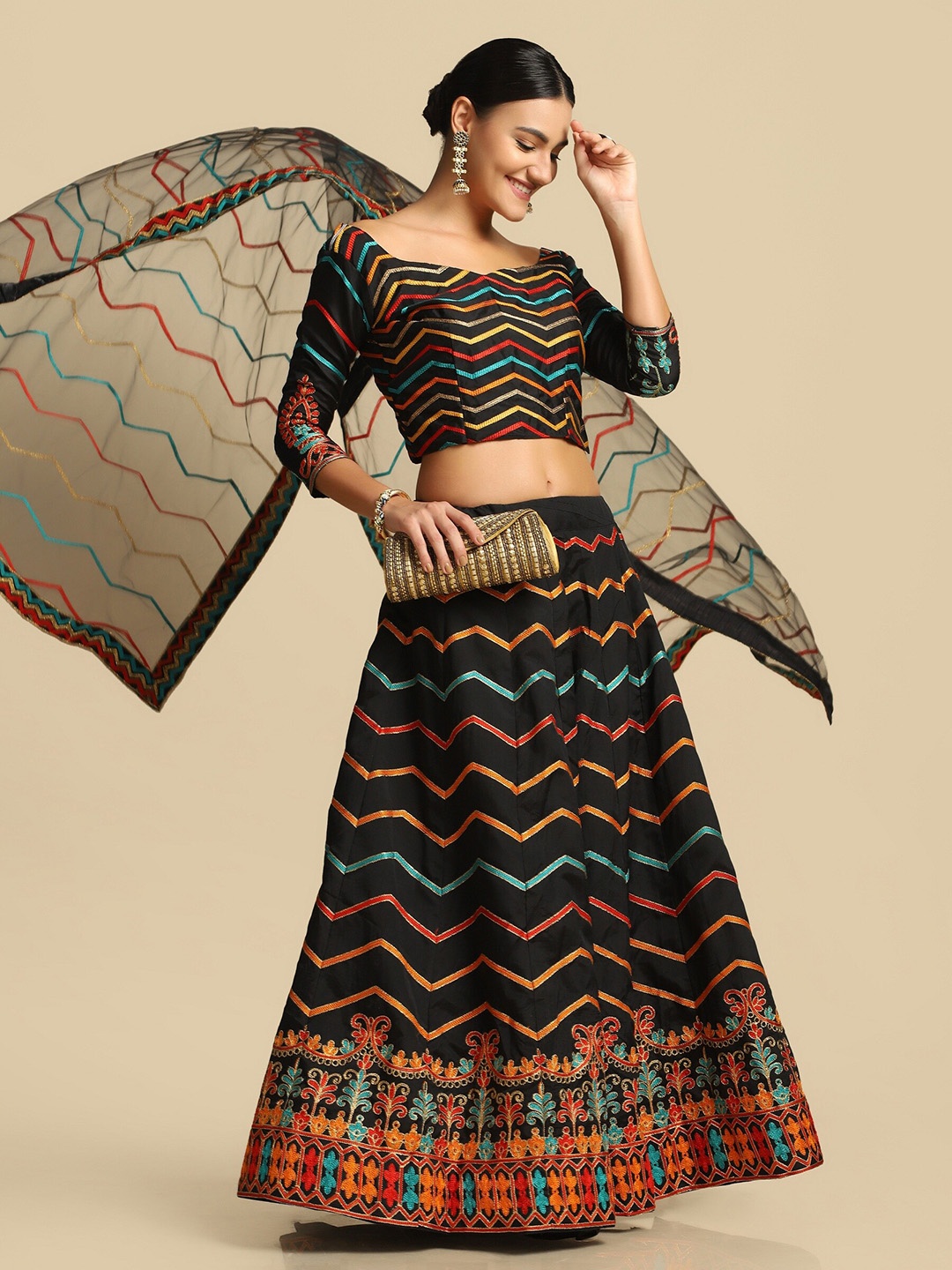 KALINI Embroidered Thread Work Semi-Stitched Lehenga & Unstitched Blouse With Dupatta, Black
KALINI Embroidered Thread Work Semi-Stitched Lehenga & Unstitched Blouse With Dupatta, Black