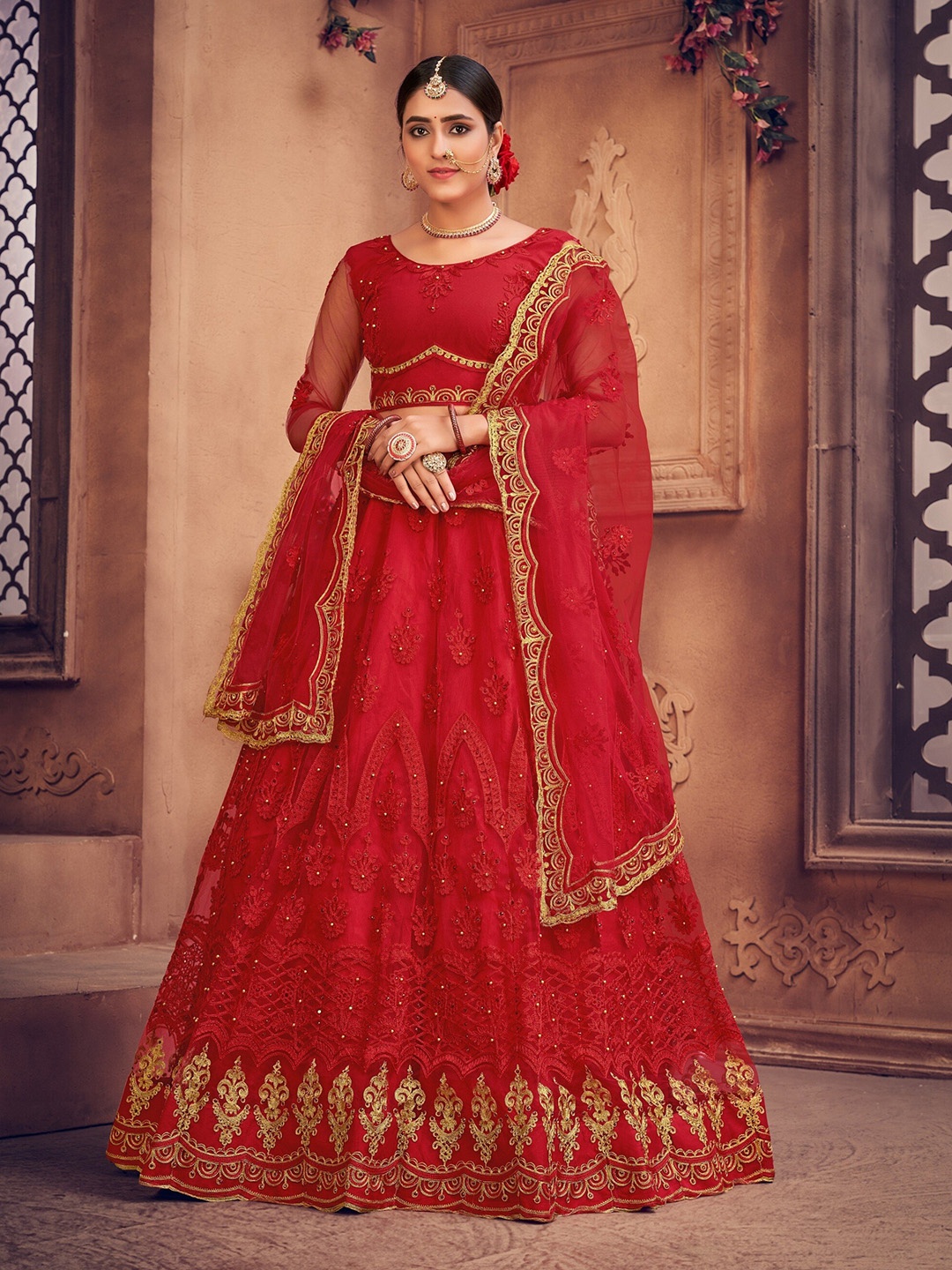 KALINI Embroidered Thread Work Semi-Stitched Lehenga & Unstitched Blouse With Dupatta, Red
KALINI Embroidered Thread Work Semi-Stitched Lehenga & Unstitched Blouse With Dupatta, Red