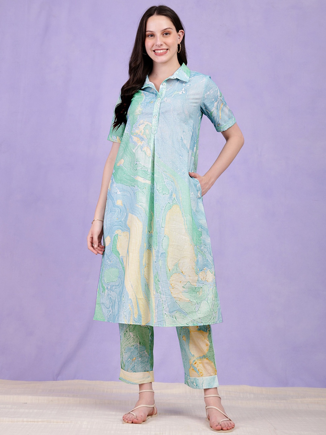 Pink Fort Abstract Printed Shirt Collar Pure Cotton A-Line Kurta with Trousers, Blue
Pink Fort Abstract Printed Shirt Collar Pure Cotton A-Line Kurta with Trousers, Blue