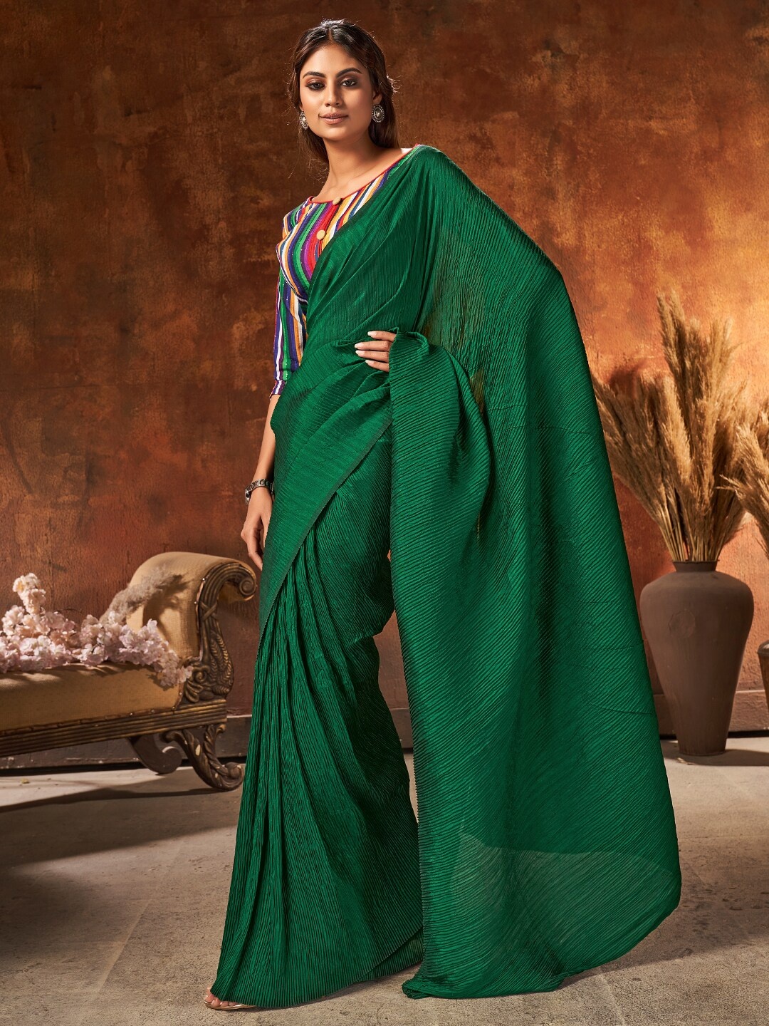 Sunasi Striped Art Silk Saree, Green