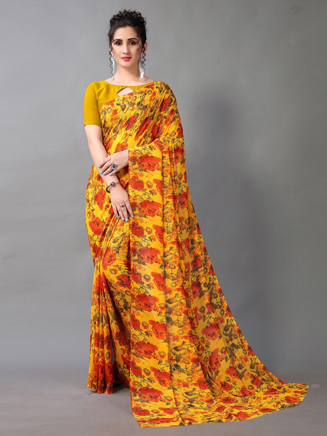 Mitera Floral Printed Saree, Yellow