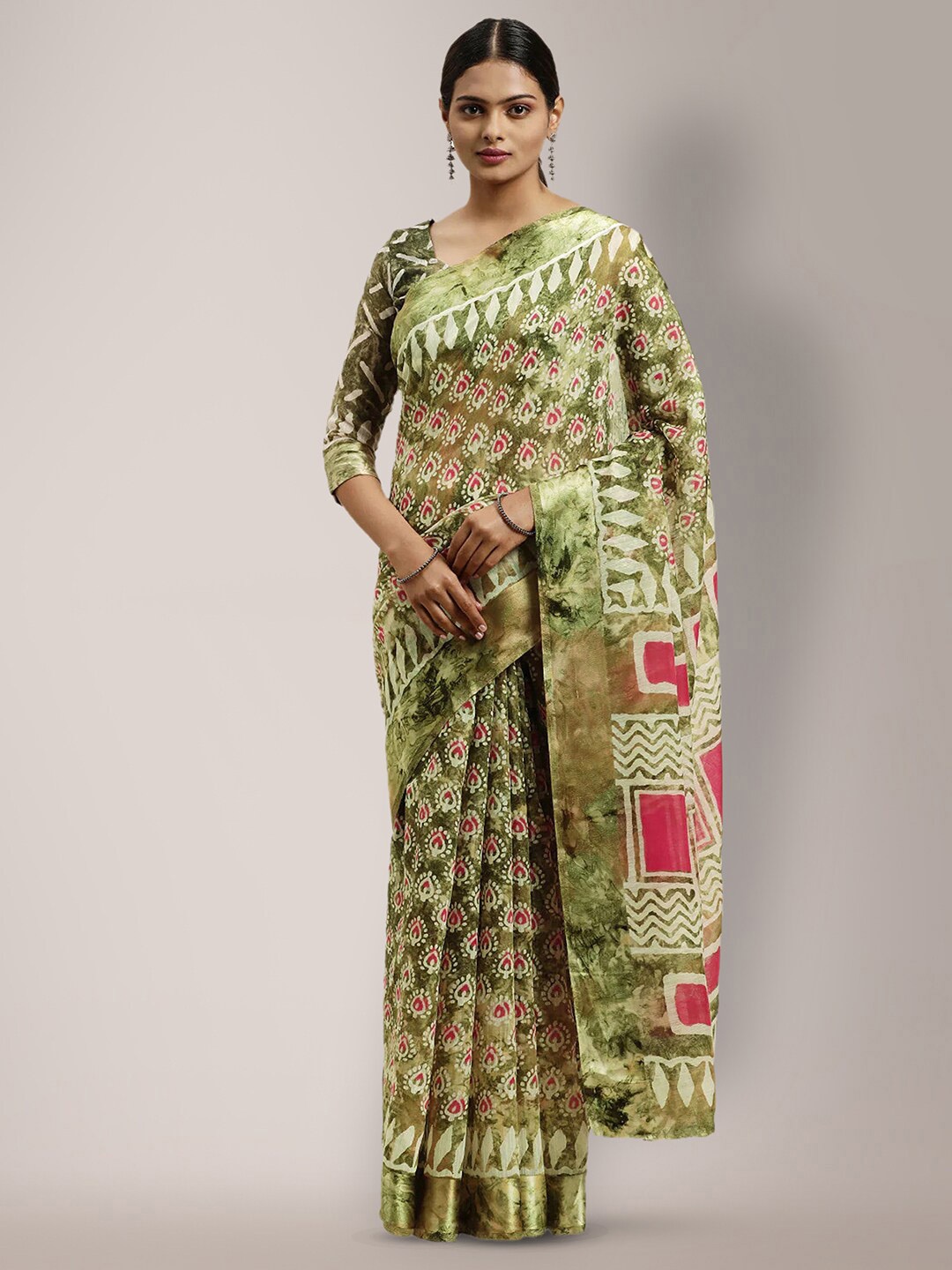Mitera Floral Printed Saree, Green
