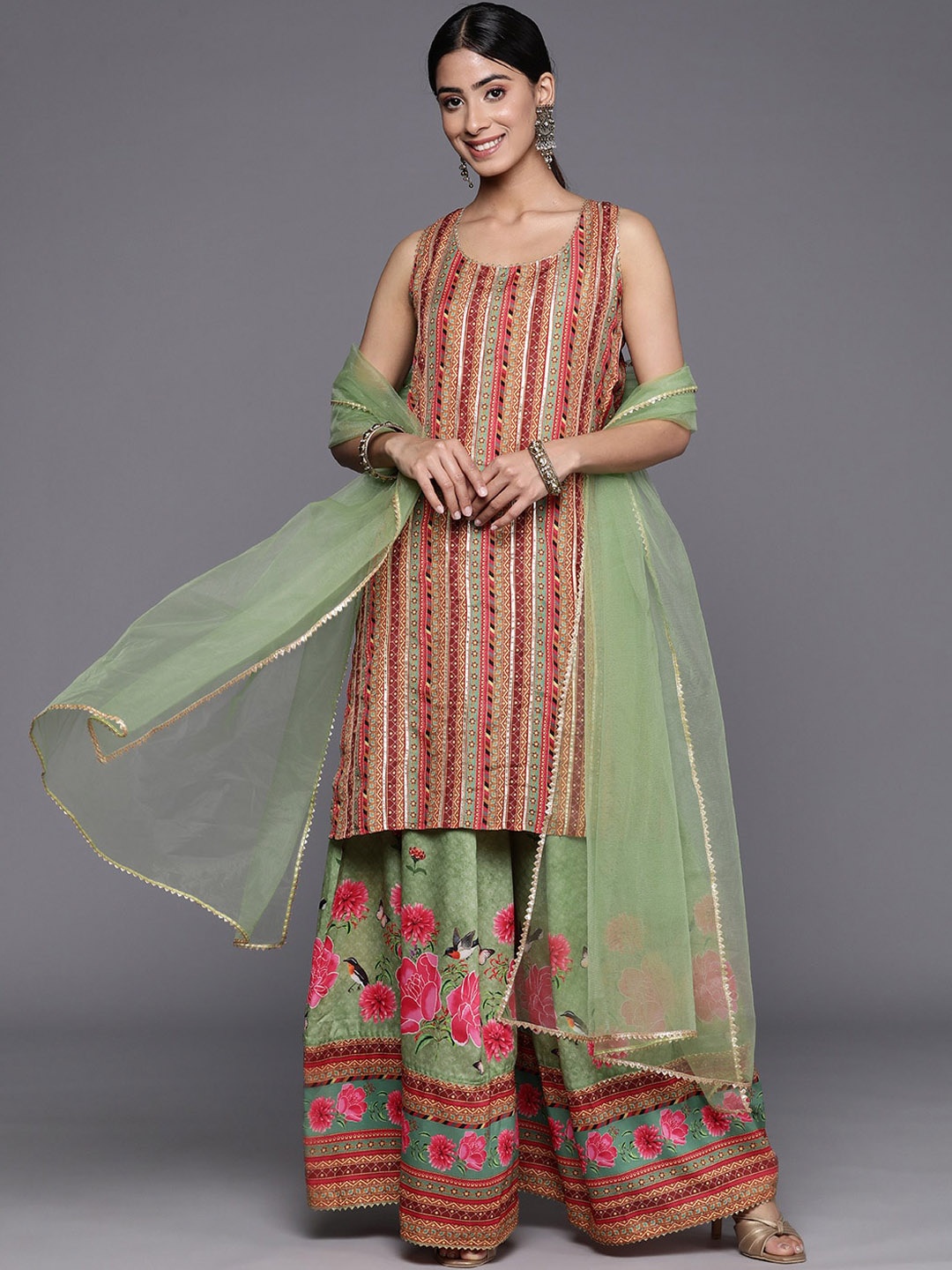 Mitera Floral Printed Regular Gotta Patti Straight Kurta with Sharara & Dupatta, Green
Mitera Floral Printed Regular Gotta Patti Straight Kurta with Sharara & Dupatta, Green