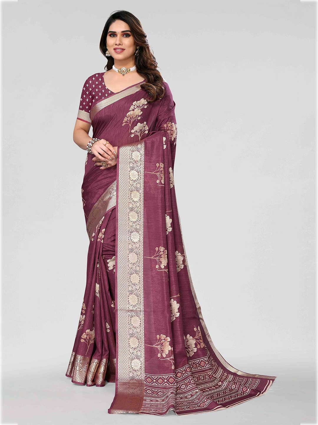 HALFSAREE STUDIO Floral Printed Zari Saree, Magenta