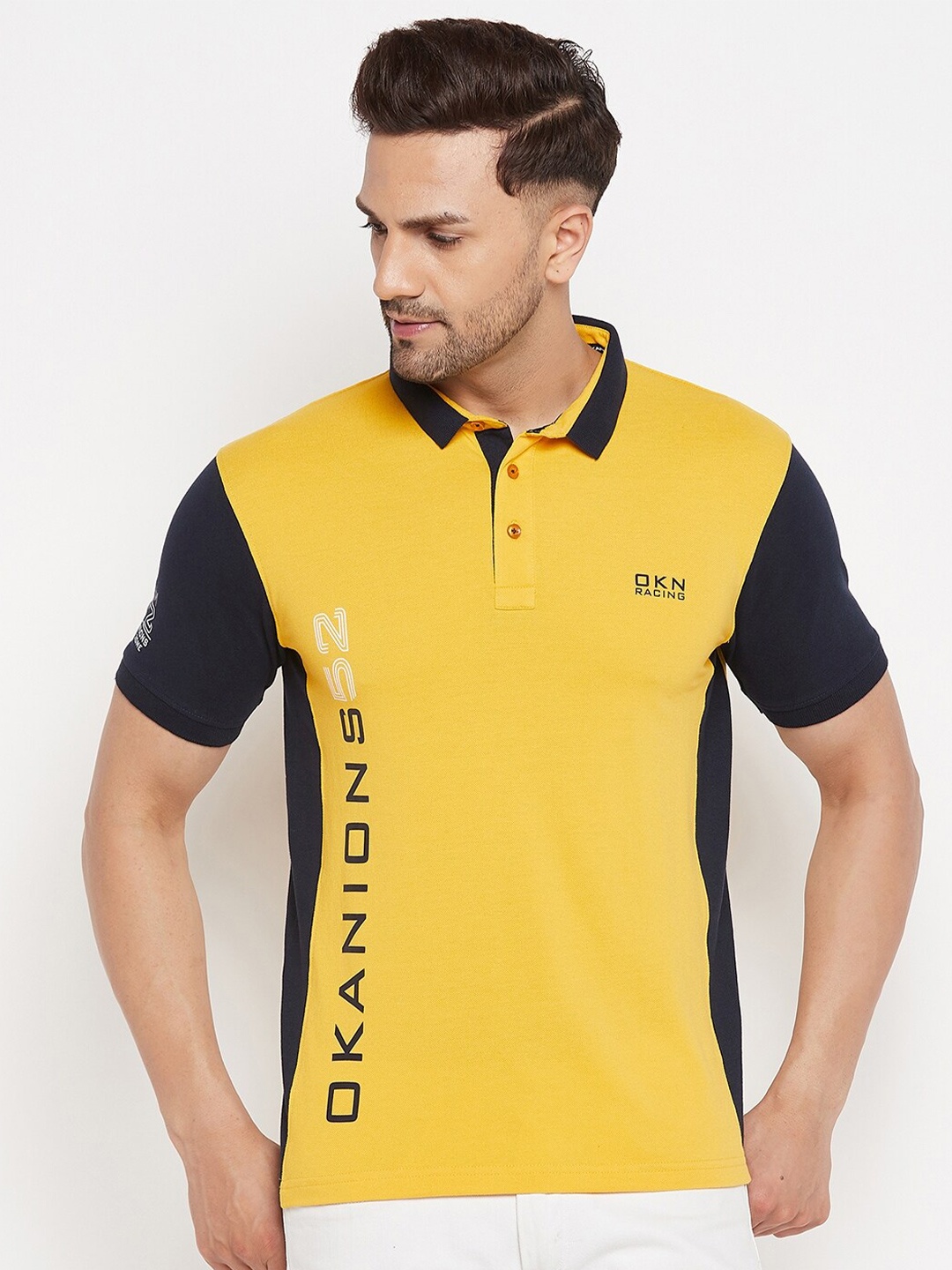 Okane Polo Collar Short Sleeves Typographic Printed Regular Fit Cotton T-shirt, Yellow
Okane Polo Collar Short Sleeves Typographic Printed Regular Fit Cotton T-shirt, Yellow