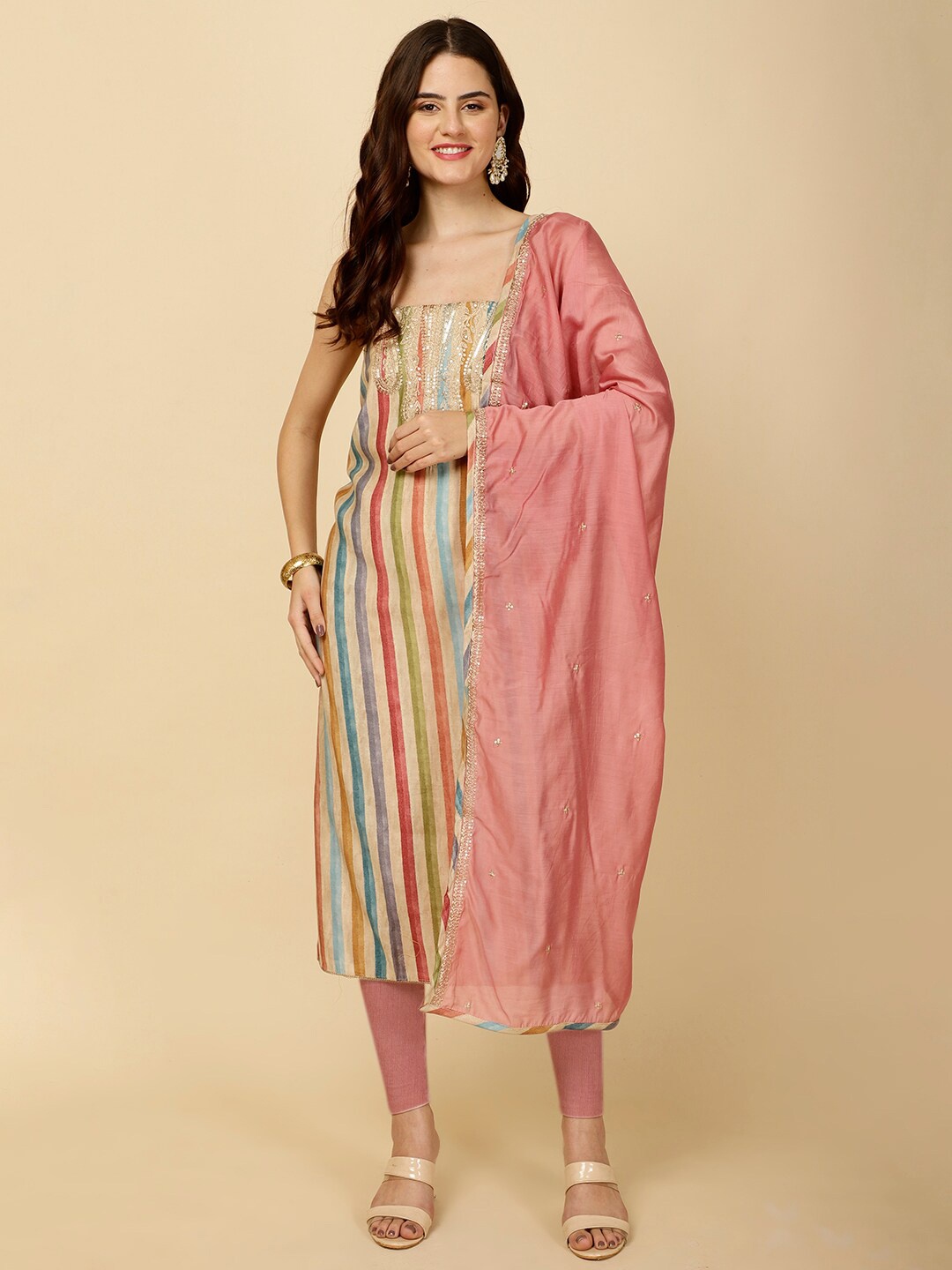 Meena Bazaar Printed Unstitched Dress Material, Pink