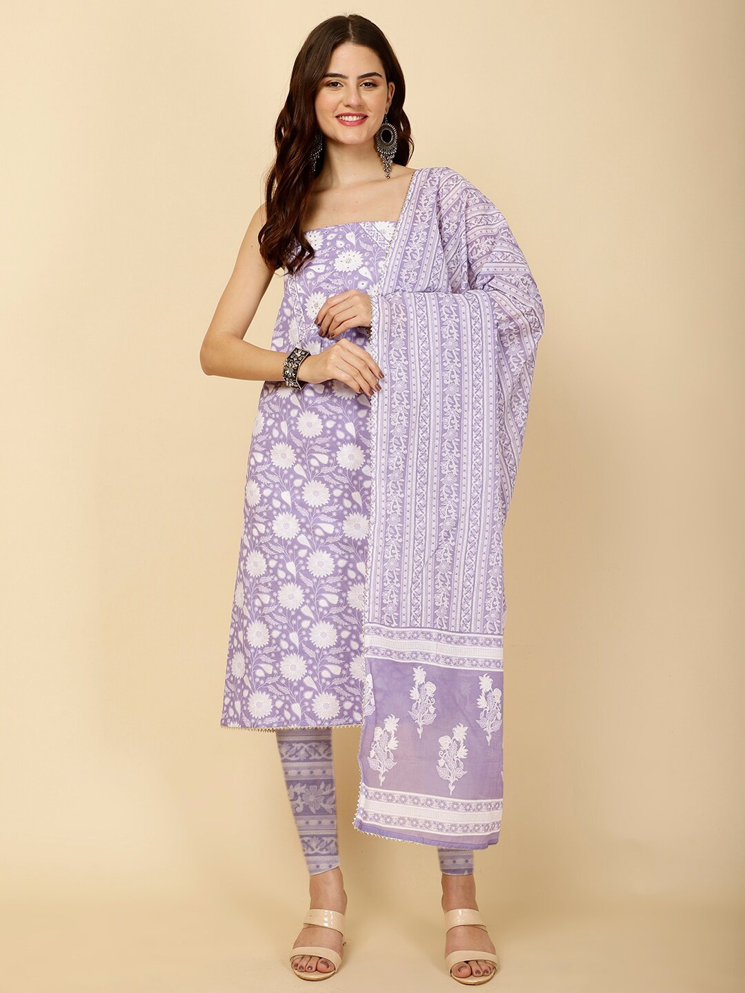 Meena Bazaar Printed Unstitched Dress Material, Purple