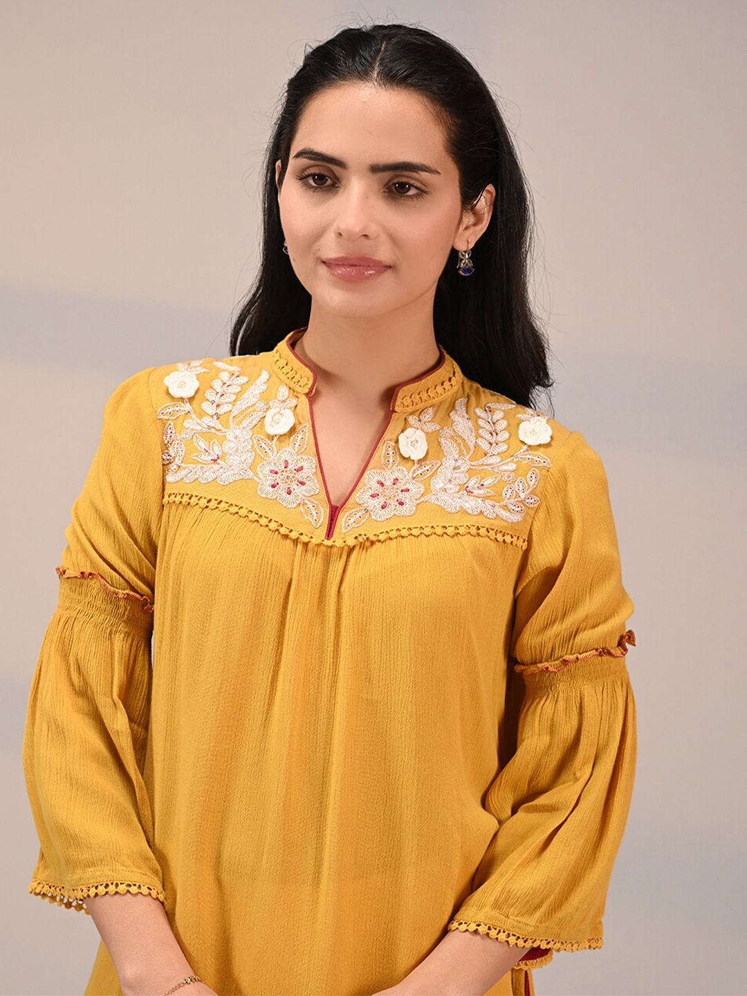Lakshita Floral Embroidered Mandarin Collar Bell Sleeves Crepe A-Line Top, Yellow
Lakshita Floral Embroidered Mandarin Collar Bell Sleeves Crepe A-Line Top, Yellow
