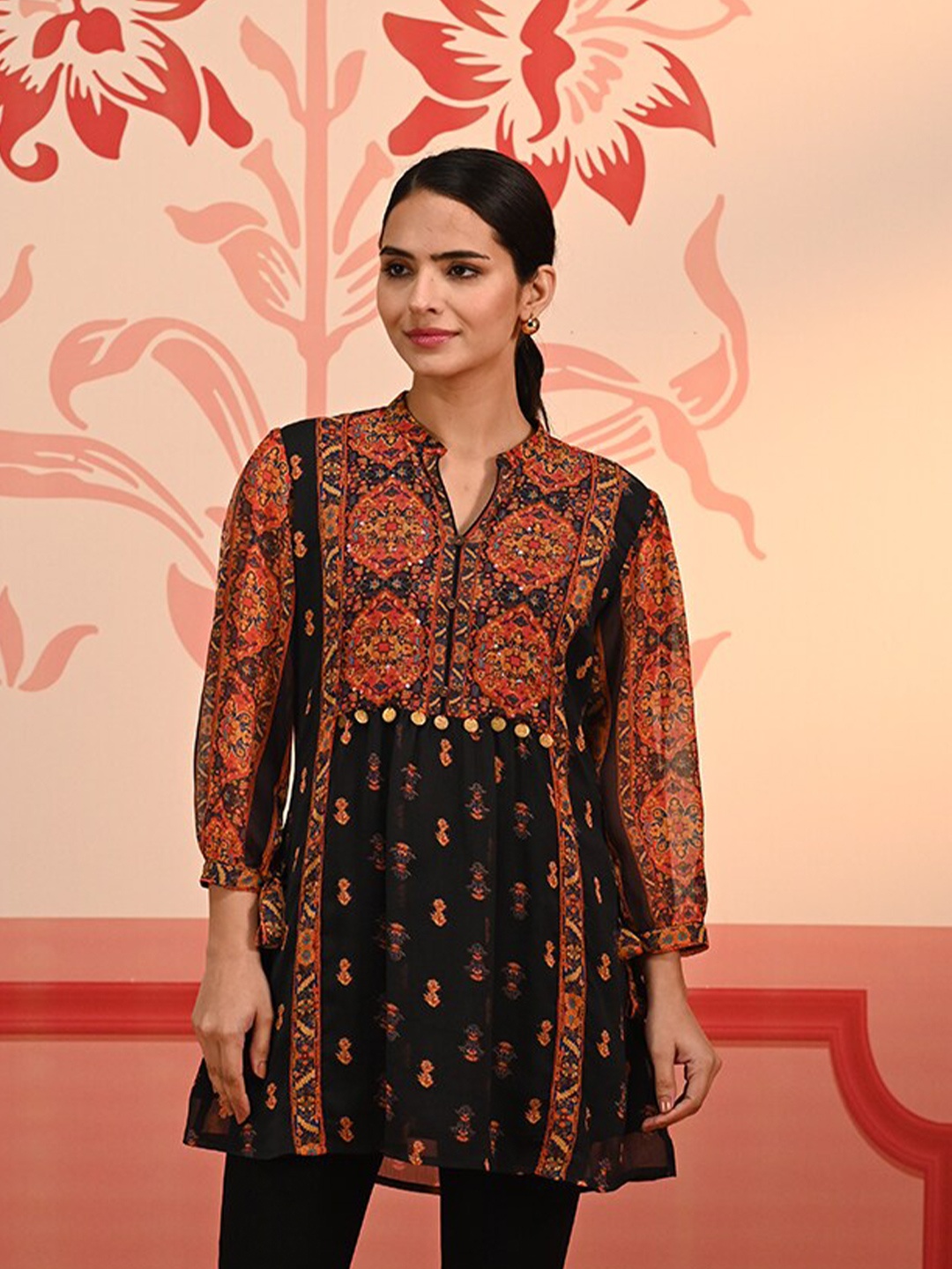 Lakshita Ethnic Motifs Printed Mandarin Collar Puff Sleeves Chiffon A-Line Top, Black
Lakshita Ethnic Motifs Printed Mandarin Collar Puff Sleeves Chiffon A-Line Top, Black