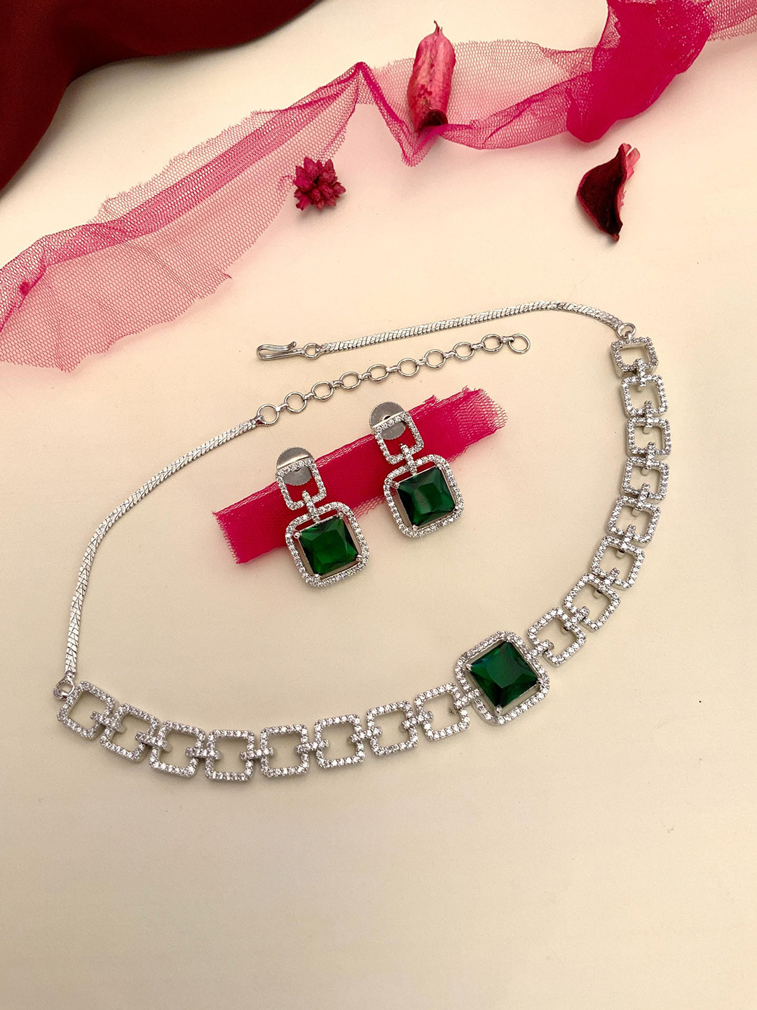 ABDESIGNS Silver-Plated American Diamond-Studded & Beaded Jewellery Set
ABDESIGNS Silver-Plated American Diamond-Studded & Beaded Jewellery Set