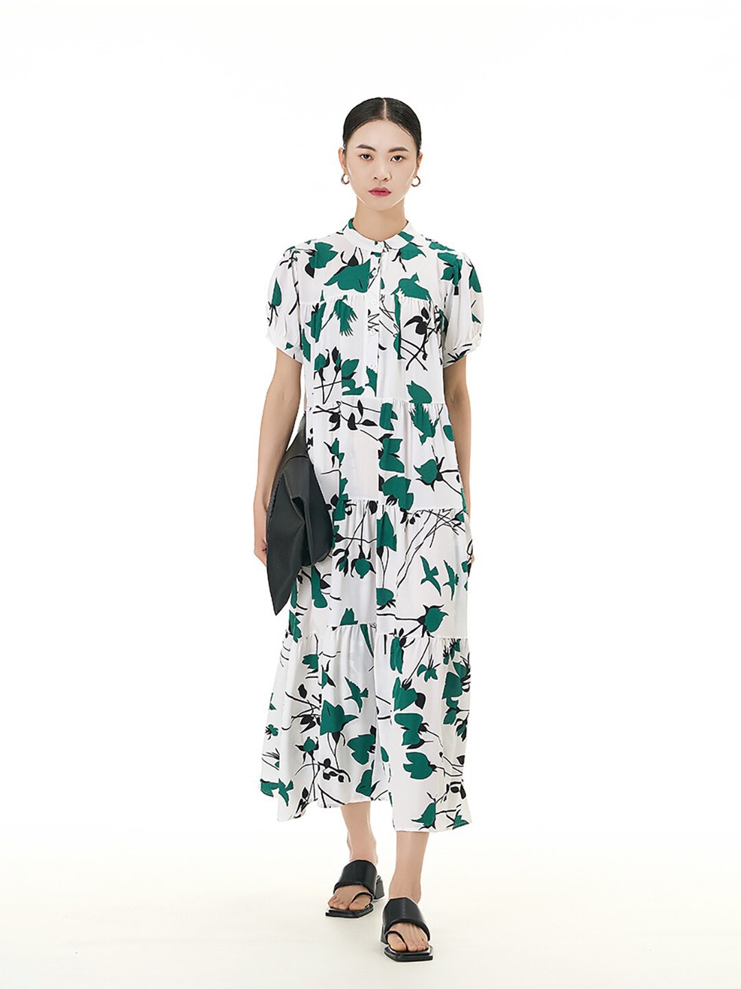 JC Collection Floral Print Band Collar Puff Sleeves Tiered A-Line Midi Dress, Green