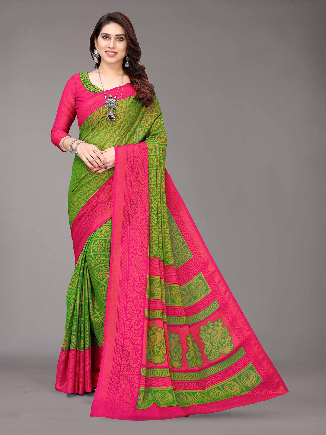 HALFSAREE STUDIO Floral Printed Zari Poly Chiffon Saree, Green 
HALFSAREE STUDIO Floral Printed Zari Poly Chiffon Saree, Green