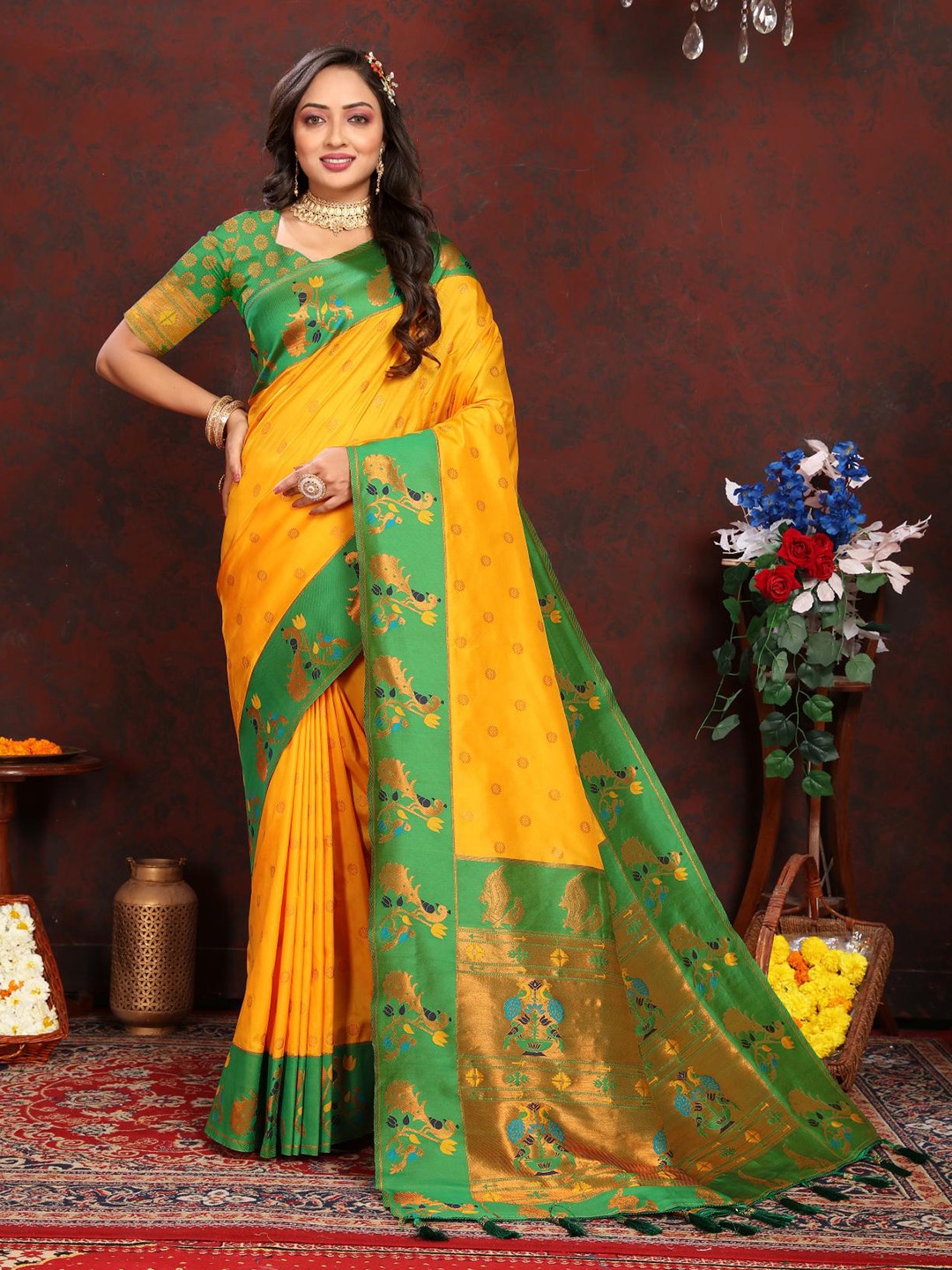 PATIALAPICKS Ethnic Motifs Woven Design Zari Pure Silk Paithani Saree, Yellow
PATIALAPICKS Ethnic Motifs Woven Design Zari Pure Silk Paithani Saree, Yellow