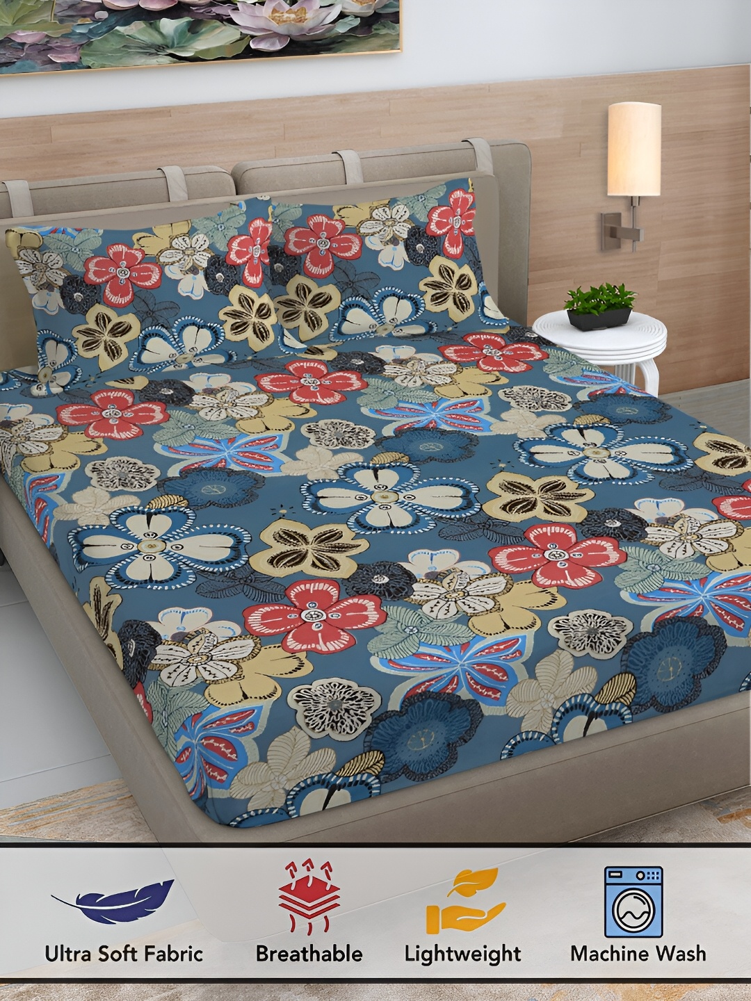 FABINALIV Blue & Red Floral Print 300 TC Super King Size Bedsheet with 2 Pillow Covers
FABINALIV Blue & Red Floral Print 300 TC Super King Size Bedsheet with 2 Pillow Covers