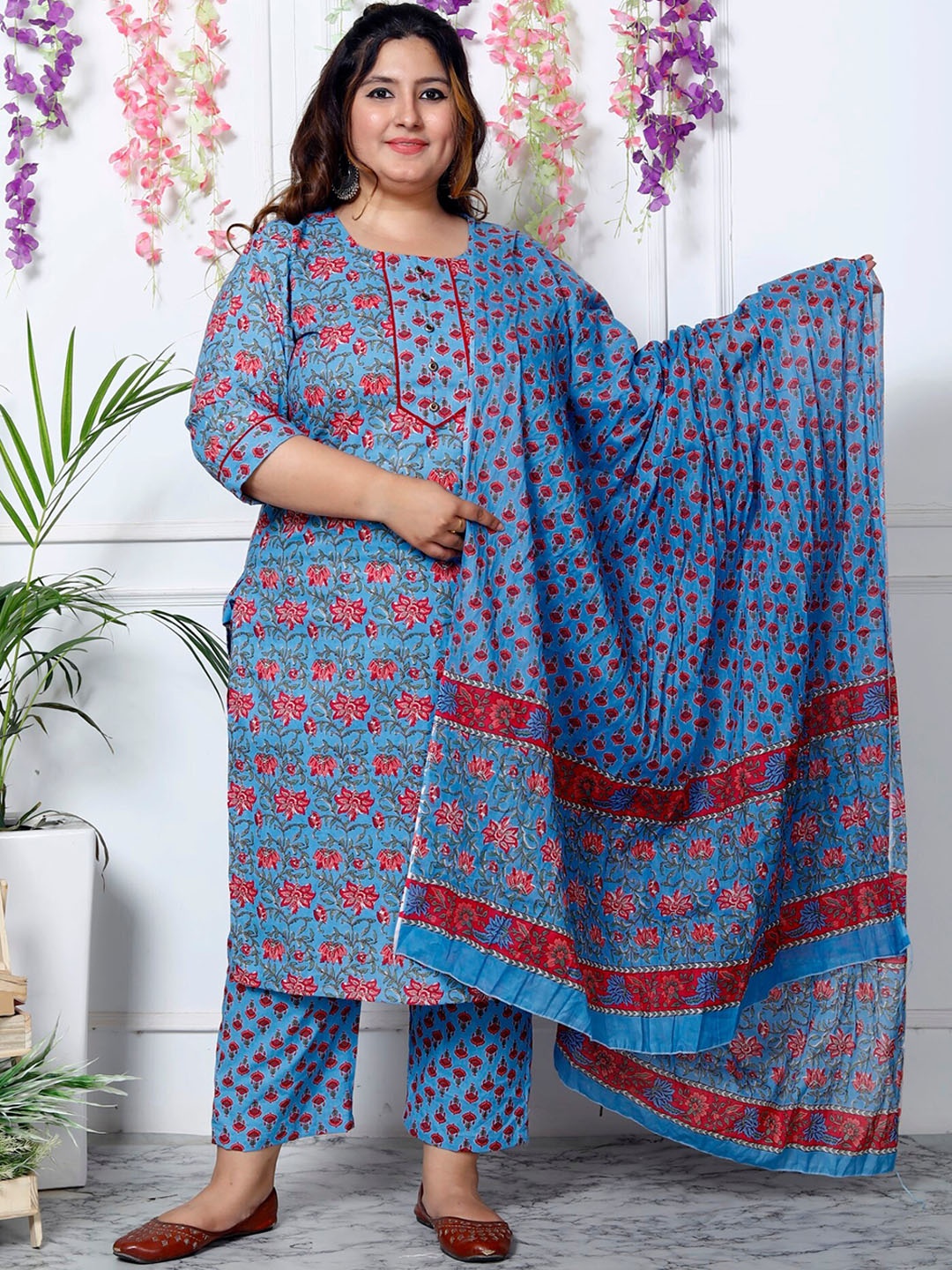 KALINI Floral Printed Round Neck Sequinned Pure Cotton Kurta with Trousers & With Dupatta, Blue
KALINI Floral Printed Round Neck Sequinned Pure Cotton Kurta with Trousers & With Dupatta, Blue