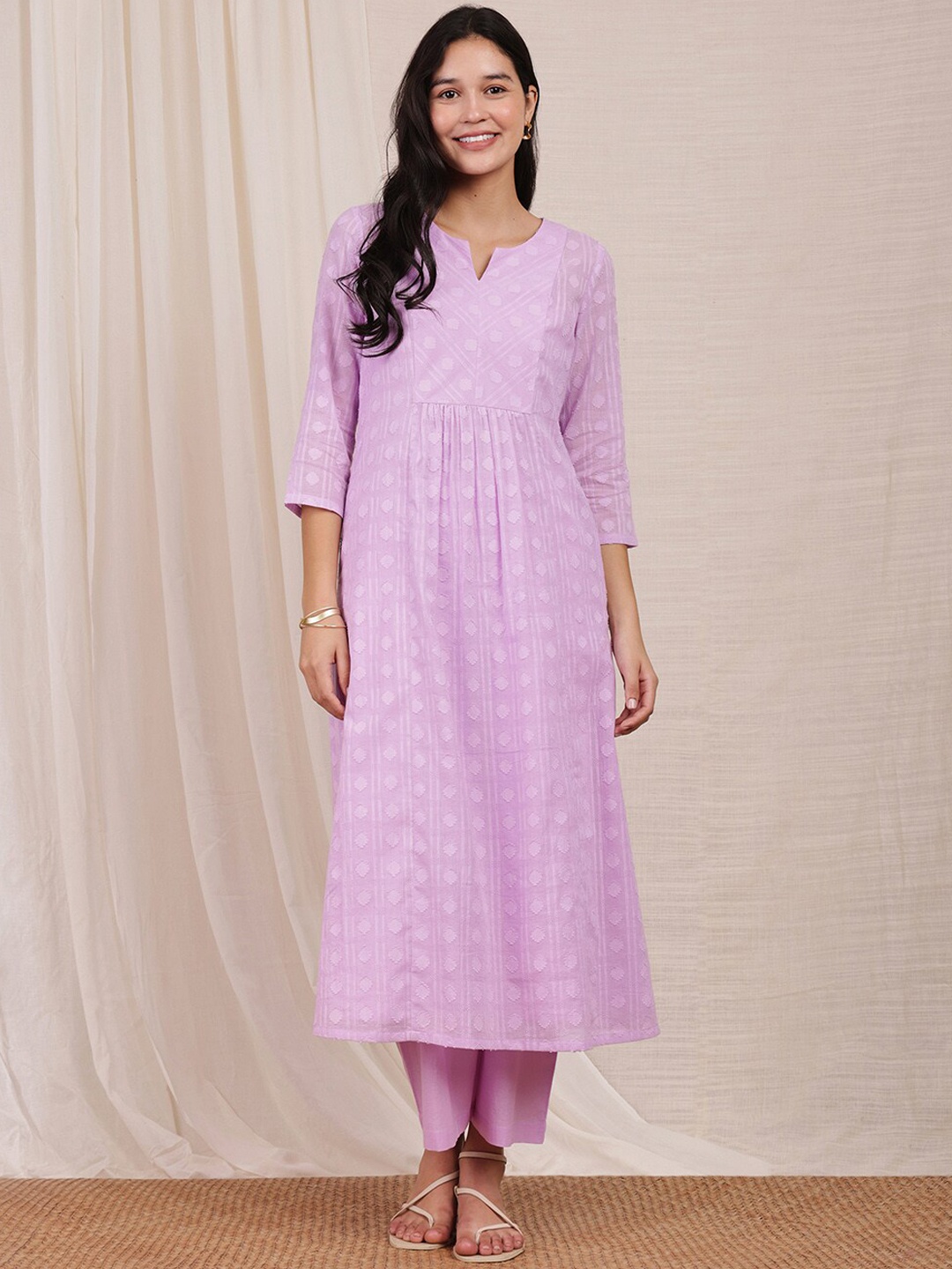 Pink Fort Notched Neck Woven Design Empire Pure Cotton Kurta with Trouser, Purple
Pink Fort Notched Neck Woven Design Empire Pure Cotton Kurta with Trouser, Purple