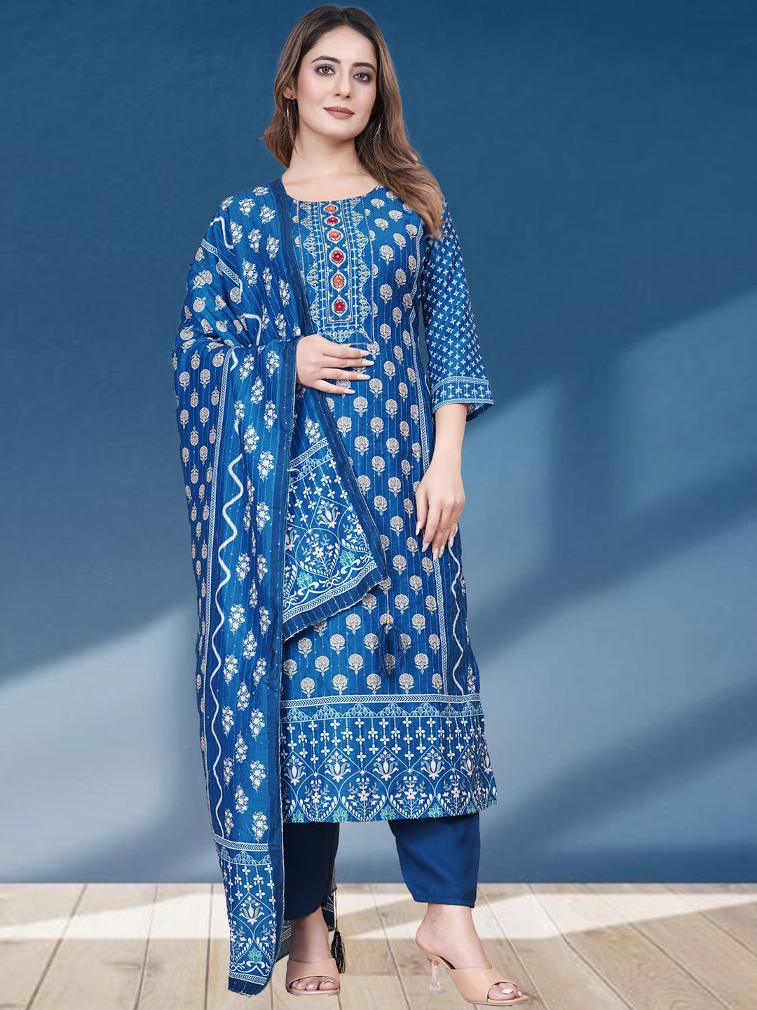 N N ENTERPRISE Ethnic Motifs Printed Sequinned Straight Kurta With Trousers & Dupatta, Blue
N N ENTERPRISE Ethnic Motifs Printed Sequinned Straight Kurta With Trousers & Dupatta, Blue