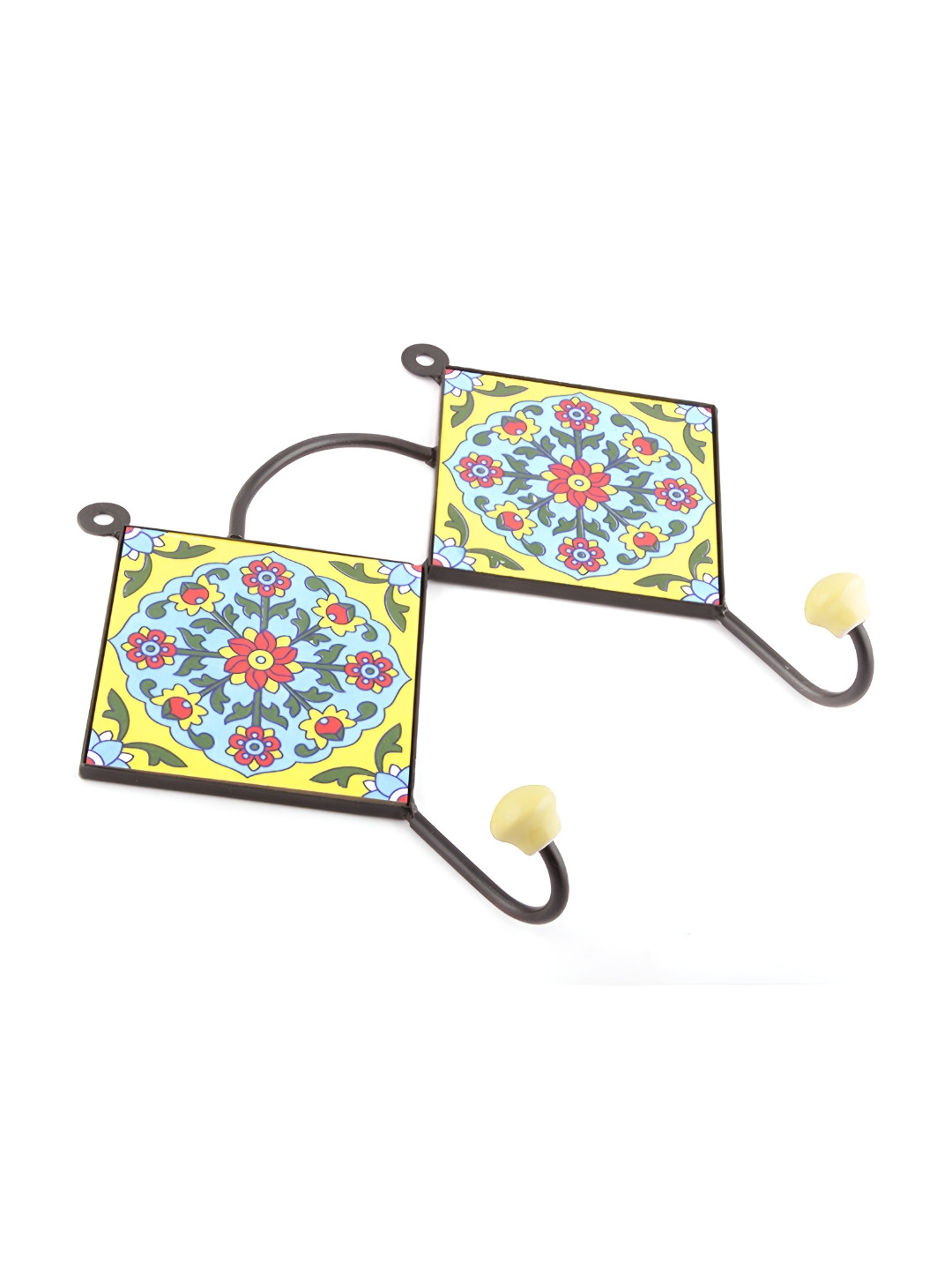 Indianshelf Yellow & Blue Floral Print Ceramic 2-Hooks Wall Key Holder 
Indianshelf Yellow & Blue Floral Print Ceramic 2-Hooks Wall Key Holder