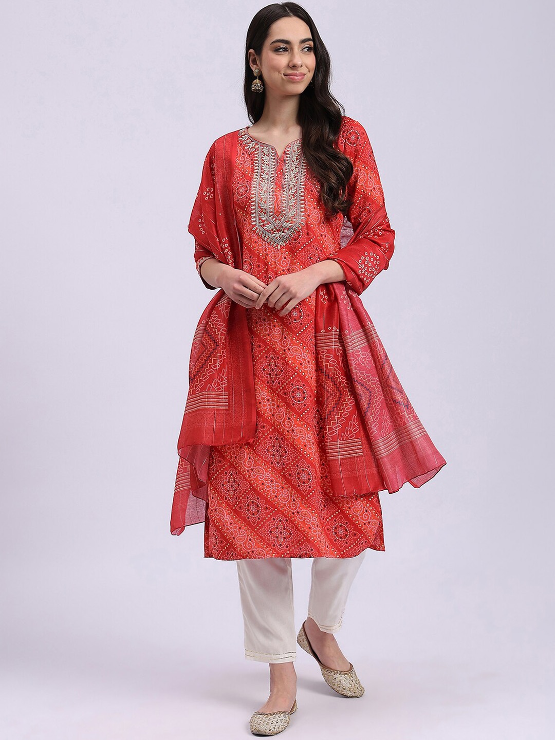 Knitstudio Bandhani Embroidered Sequinned Notched Neck A-Line Kurta & Trouser & Dupatta, Red
Knitstudio Bandhani Embroidered Sequinned Notched Neck A-Line Kurta & Trouser & Dupatta, Red
