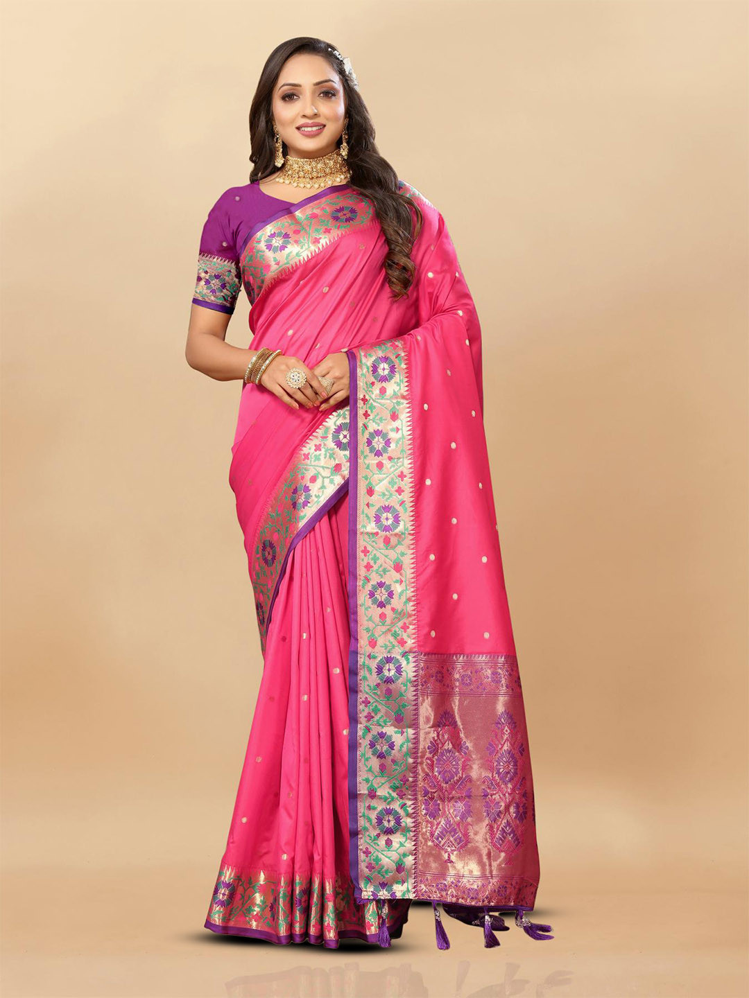 PATIALAPICKS Ethnic Motifs Woven Design Zari Pure Silk Paithani Saree, Pink
PATIALAPICKS Ethnic Motifs Woven Design Zari Pure Silk Paithani Saree, Pink