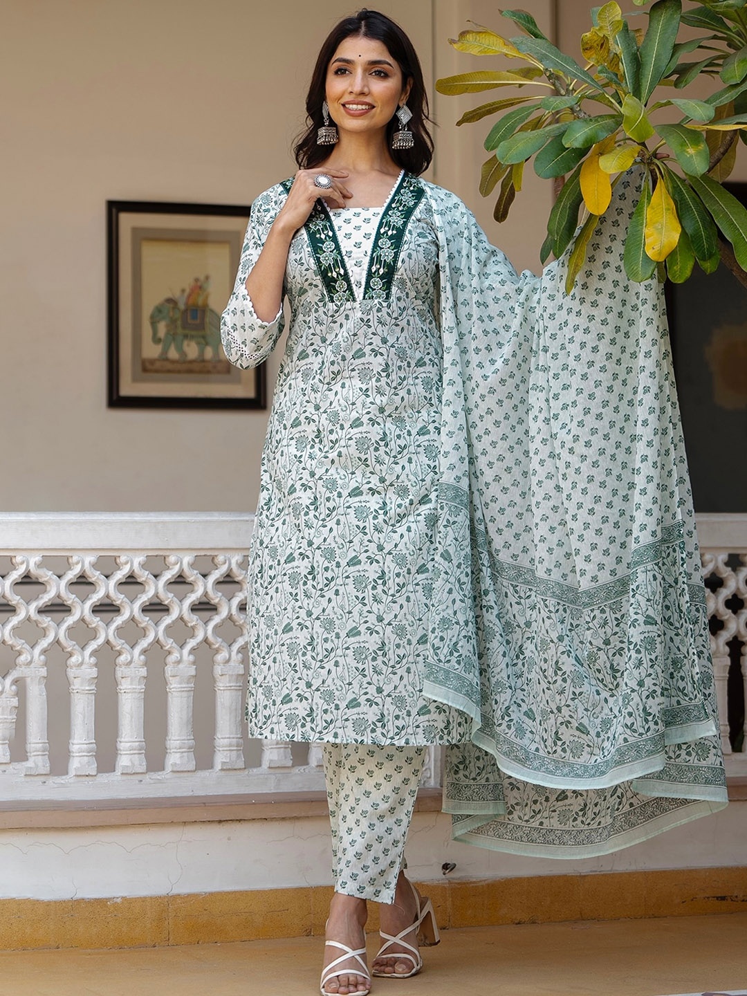 Kohsh Floral Printed Mirror Work Pure Cotton Straight Kurta With Trousers & Dupatta, Off white
Kohsh Floral Printed Mirror Work Pure Cotton Straight Kurta With Trousers & Dupatta, Off white