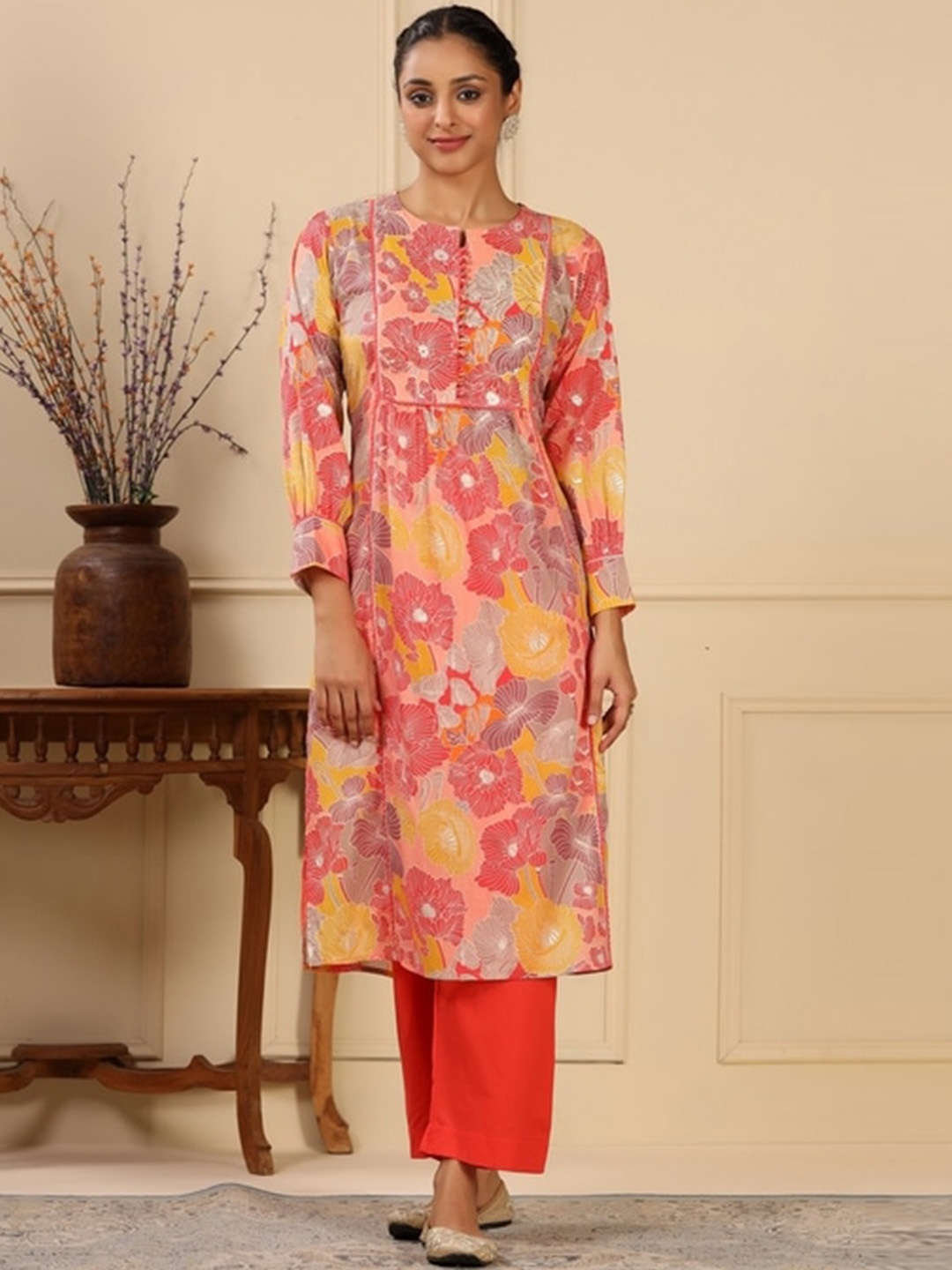 KALINI Floral Printed Round Neck Three-Quarter Sleeves Thread Work Pure Cotton Kurta Set, Red
KALINI Floral Printed Round Neck Three-Quarter Sleeves Thread Work Pure Cotton Kurta Set, Red
