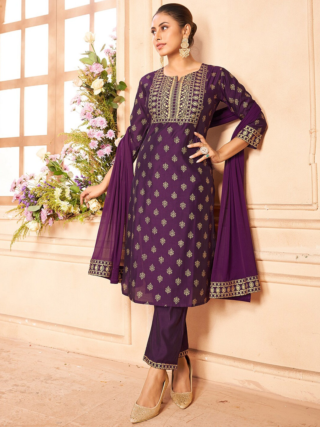 Ishin Purple Ethnic Motifs Printed Straight Thread Work Kurta With Trousers & Dupatta
Ishin Purple Ethnic Motifs Printed Straight Thread Work Kurta With Trousers & Dupatta